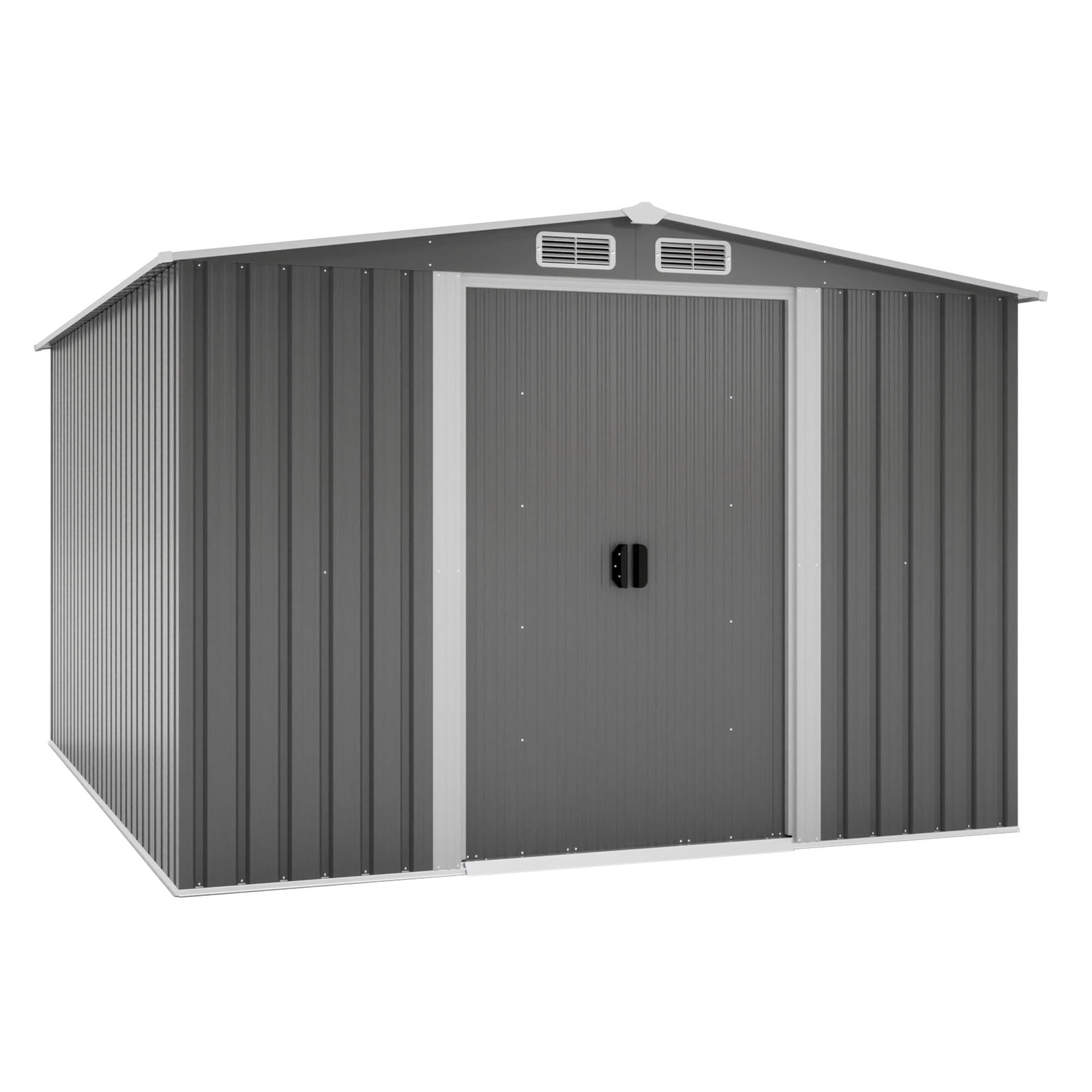 10X8 FT Outdoor Tool Storage Shed with Metal Foundation & Lockable Doors, All Weather Metal Sheds for Garden, Patio, Backyard, Lawn, Gray