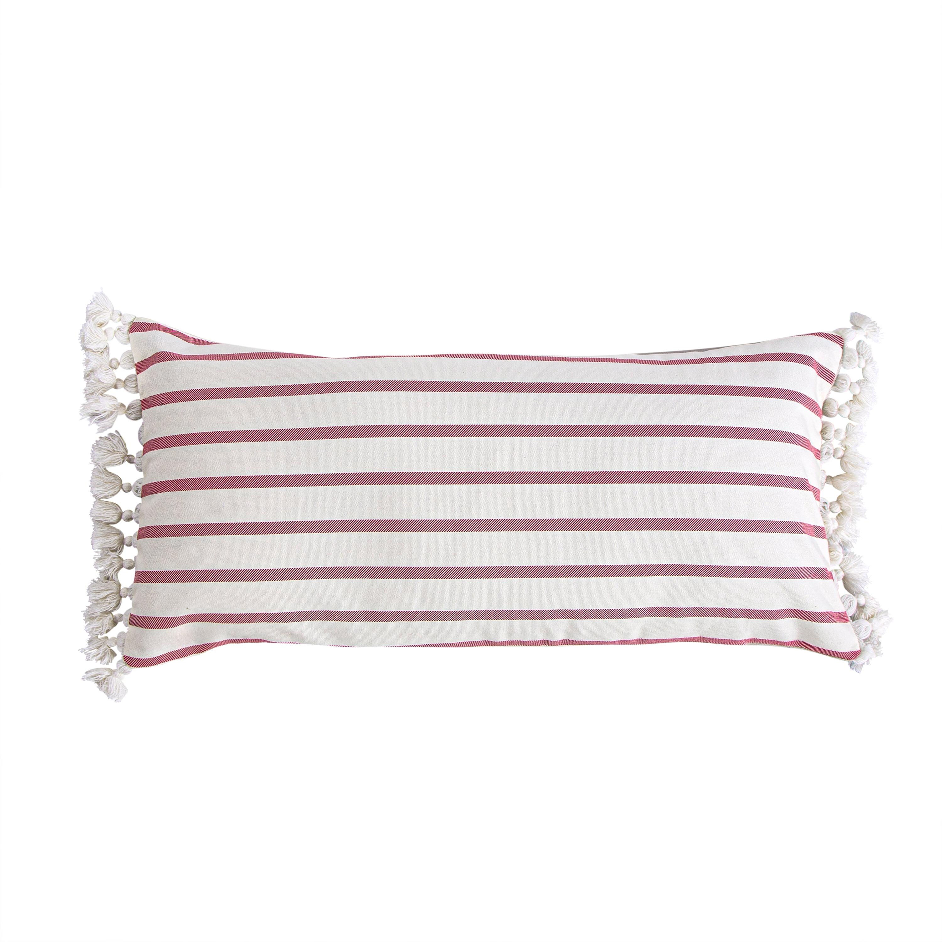 Red and White Cotton Stripe Tassel Pillow 14x30