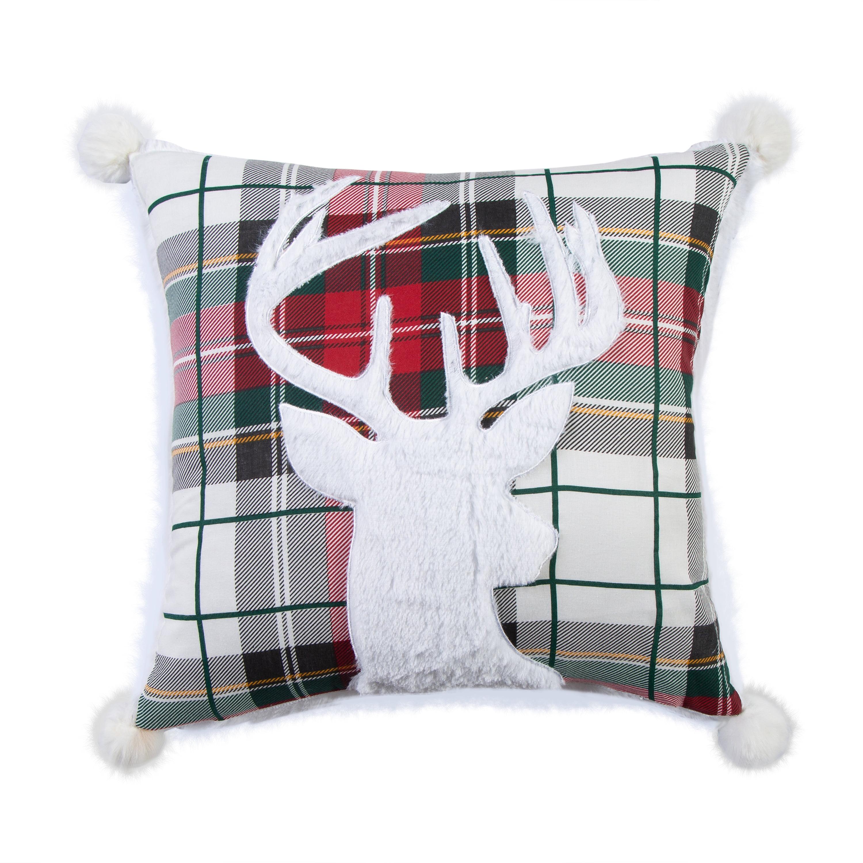 Red Plaid Deer Decorative Pillow with Pom Poms 18x18