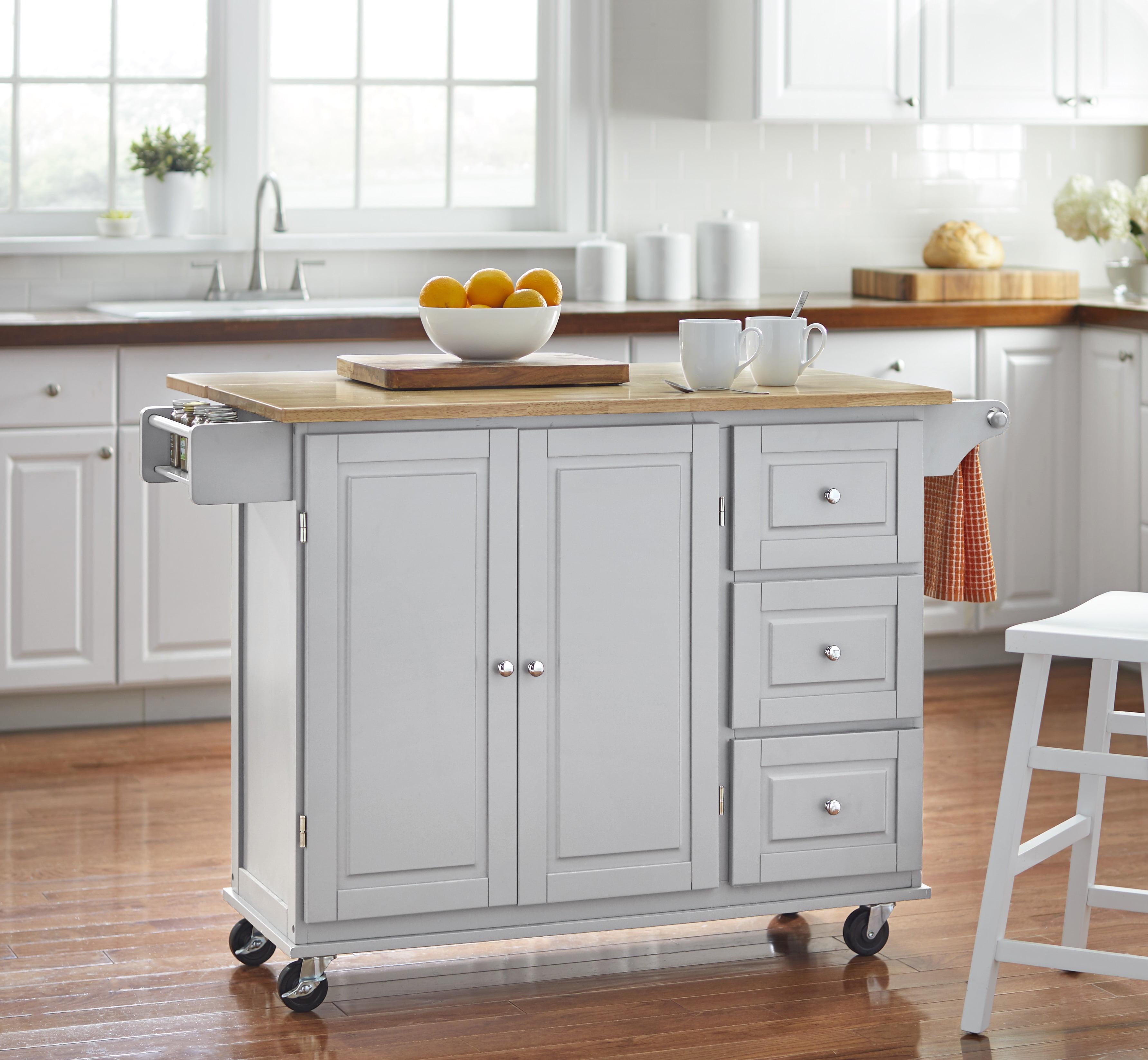 Gray Wood Drop Leaf Kitchen Cart with Spice Rack and Storage