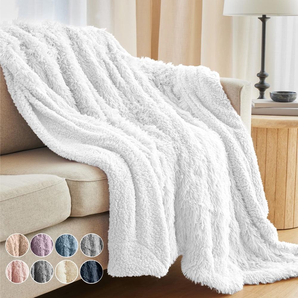 White Sherpa and Faux Fur Reversible Throw Blanket, 65x50