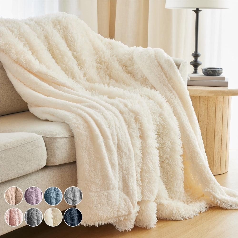 Cream Reversible Shag and Sherpa Throw Blanket, 65x50