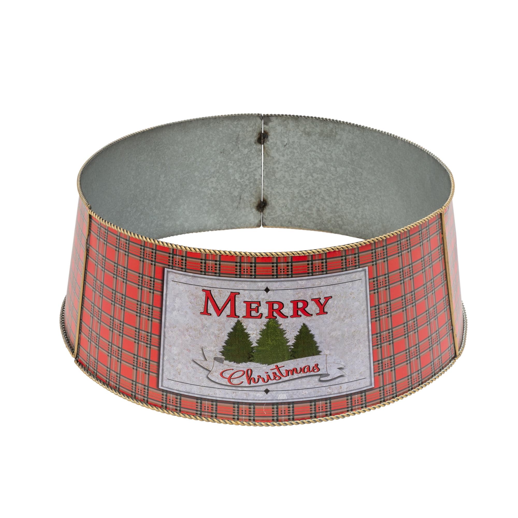 Galvanized Metal Red Plaid Christmas Tree Collar