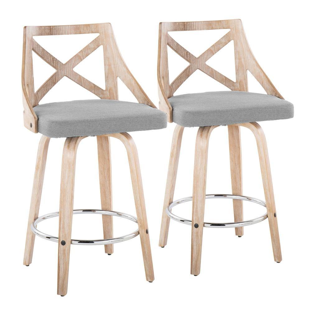 Set of 2 Charlotte Counter Height Barstools White Wash/Light Gray - LumiSource: Upholstered Swivel, Wood Frame