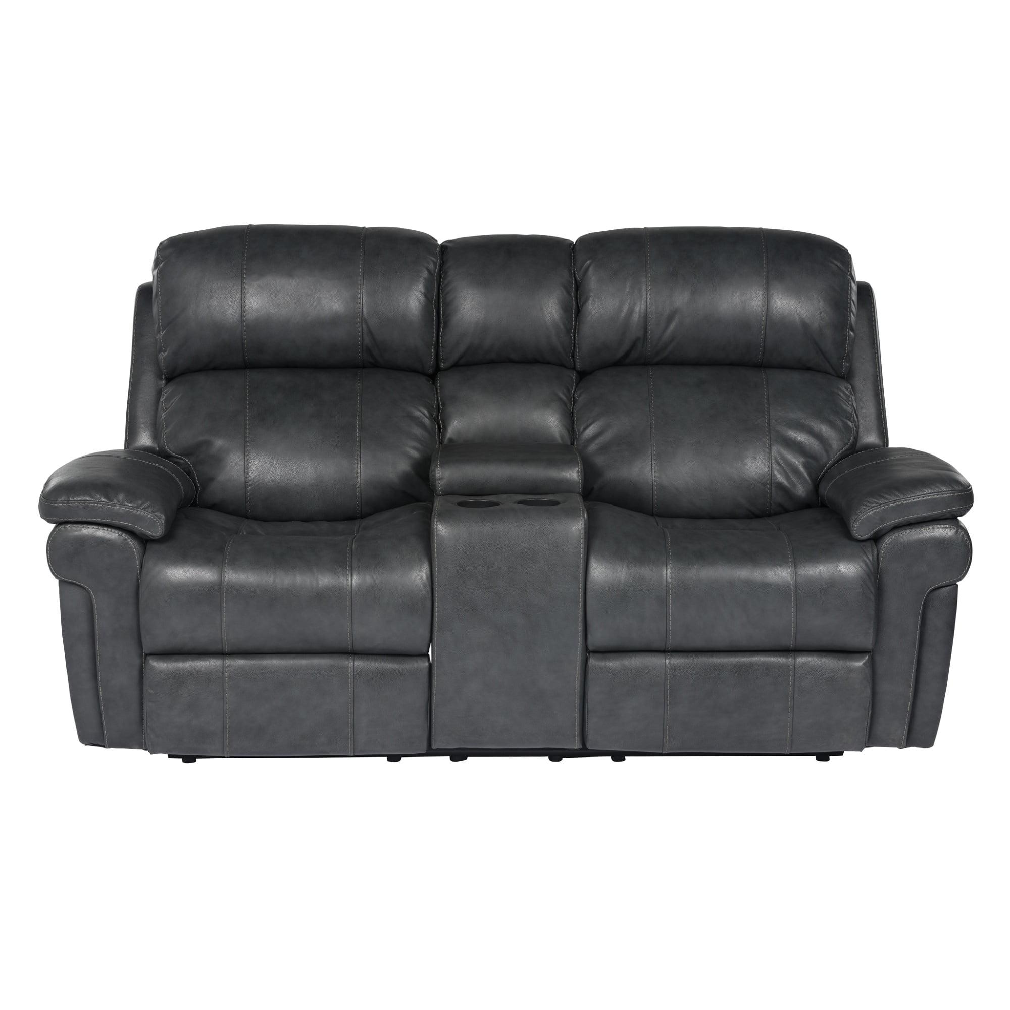 The Hamptons Collection 77" Black Leather Reclining Loveseat with Power Headrest and Console