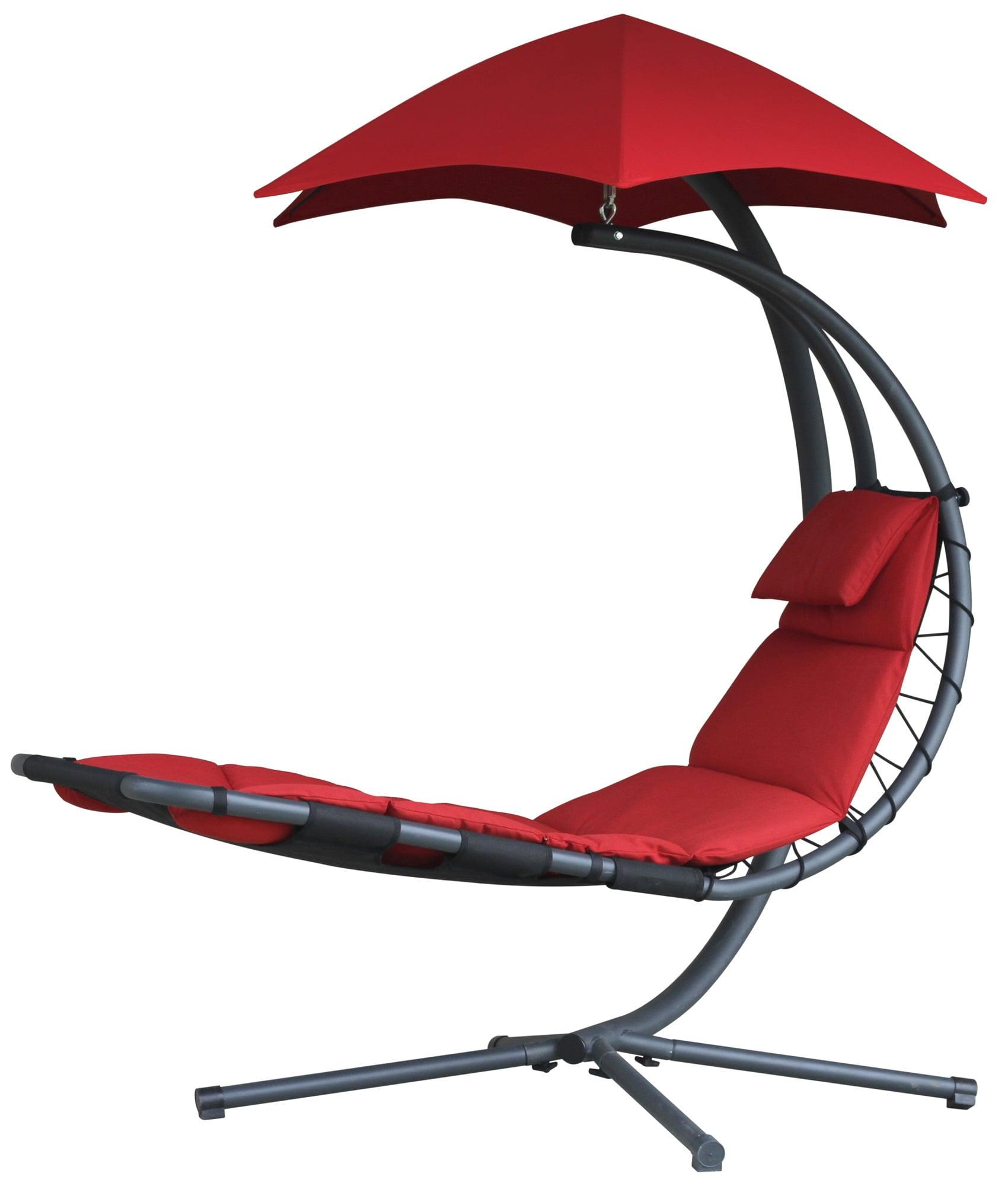 84” Red Outdoor Lounge Chair with Overhanging Umbrella