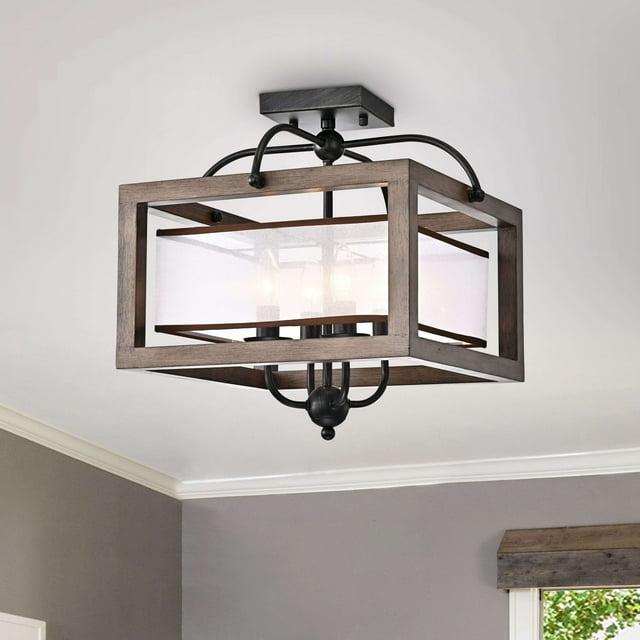 The Lighting Store Alina Antique Black Metal Natural Wood Flush Mount with Fabric Shade