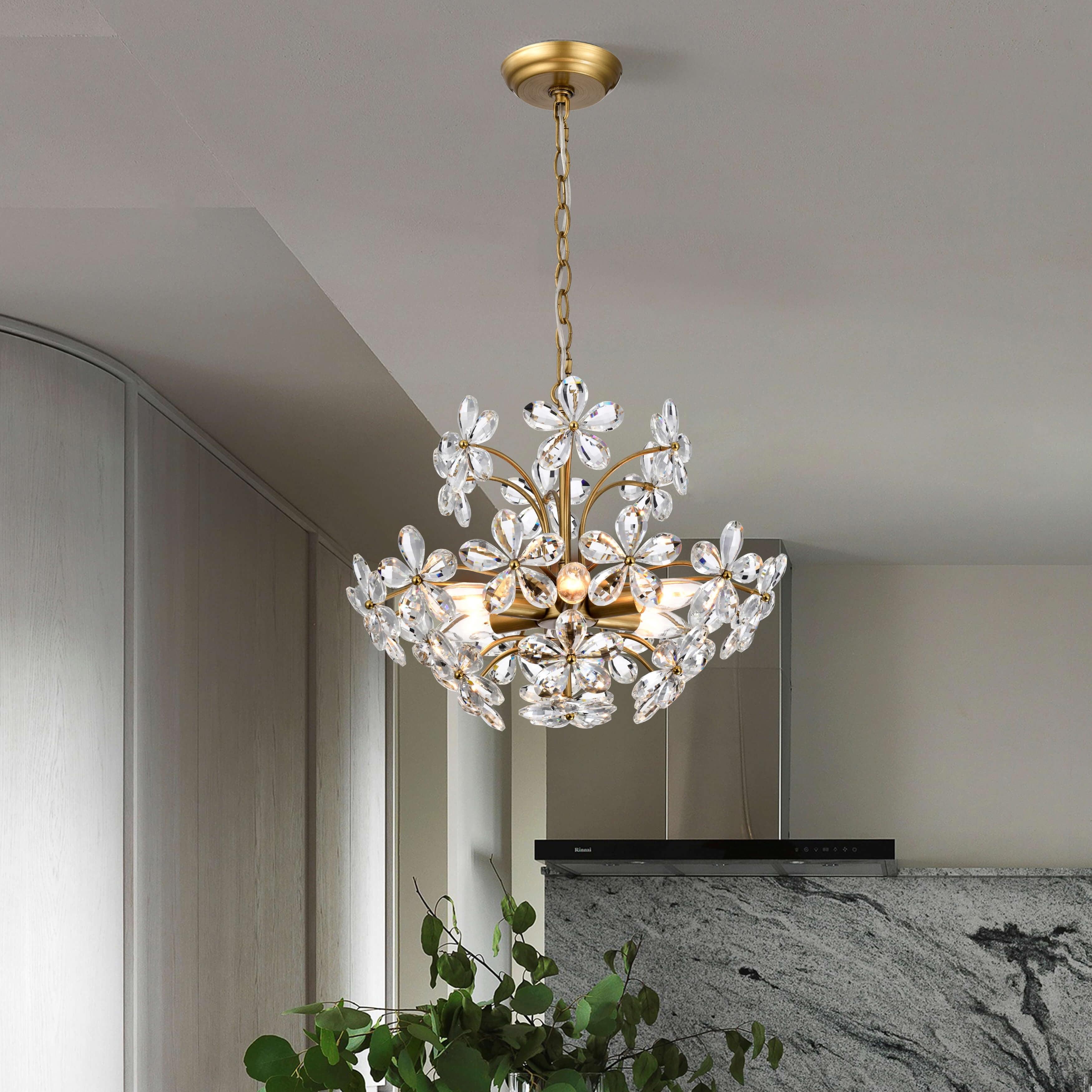 The Lighting Store Rosa 6-Light Brushed Brass Finish Crystal Glass Flower Chandelier - 17.7 inches in diameter x 15 inches H