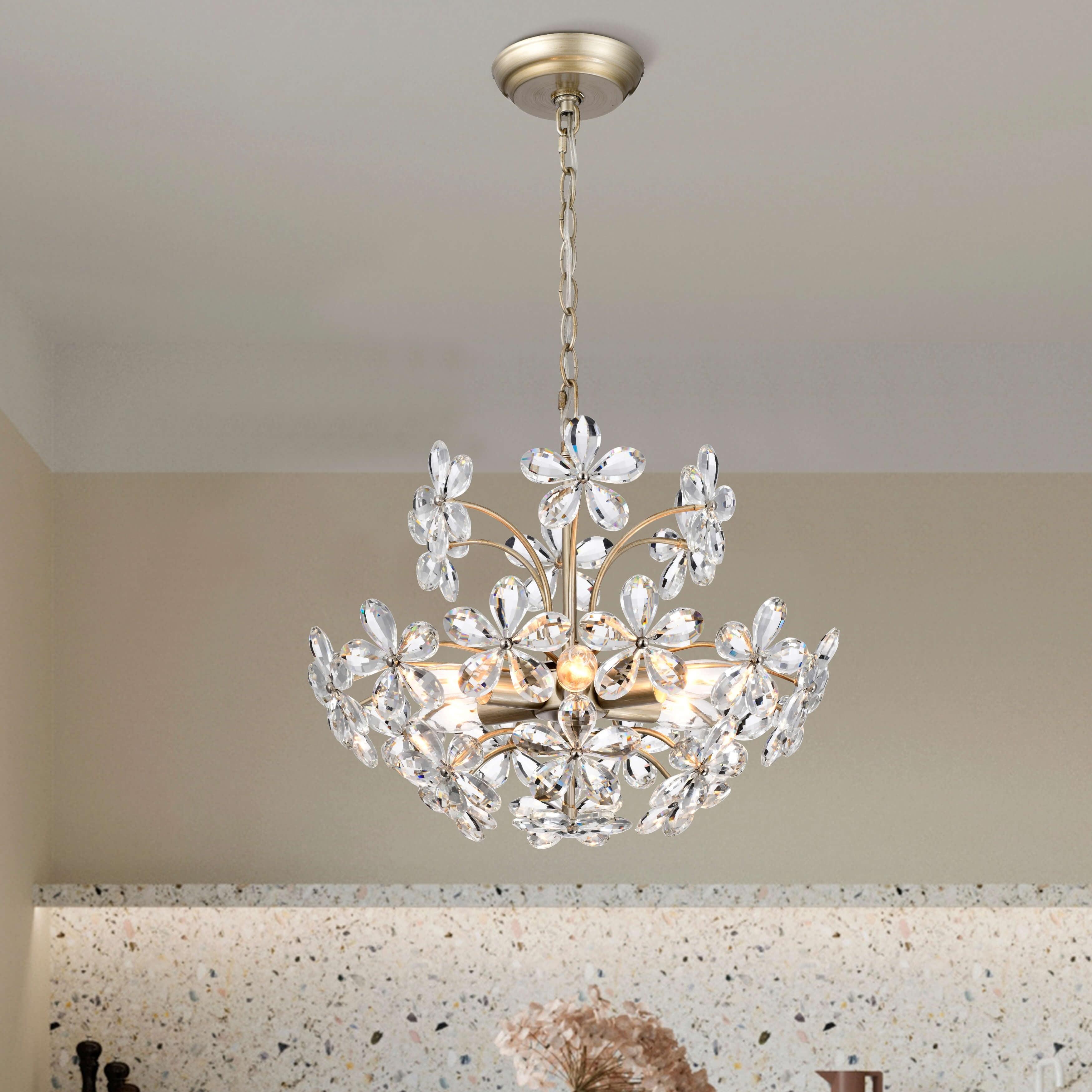 The Lighting Shop Rosa 6-Light Brushed Silver-ish Champagne Electric Flower Crystal Chandelier