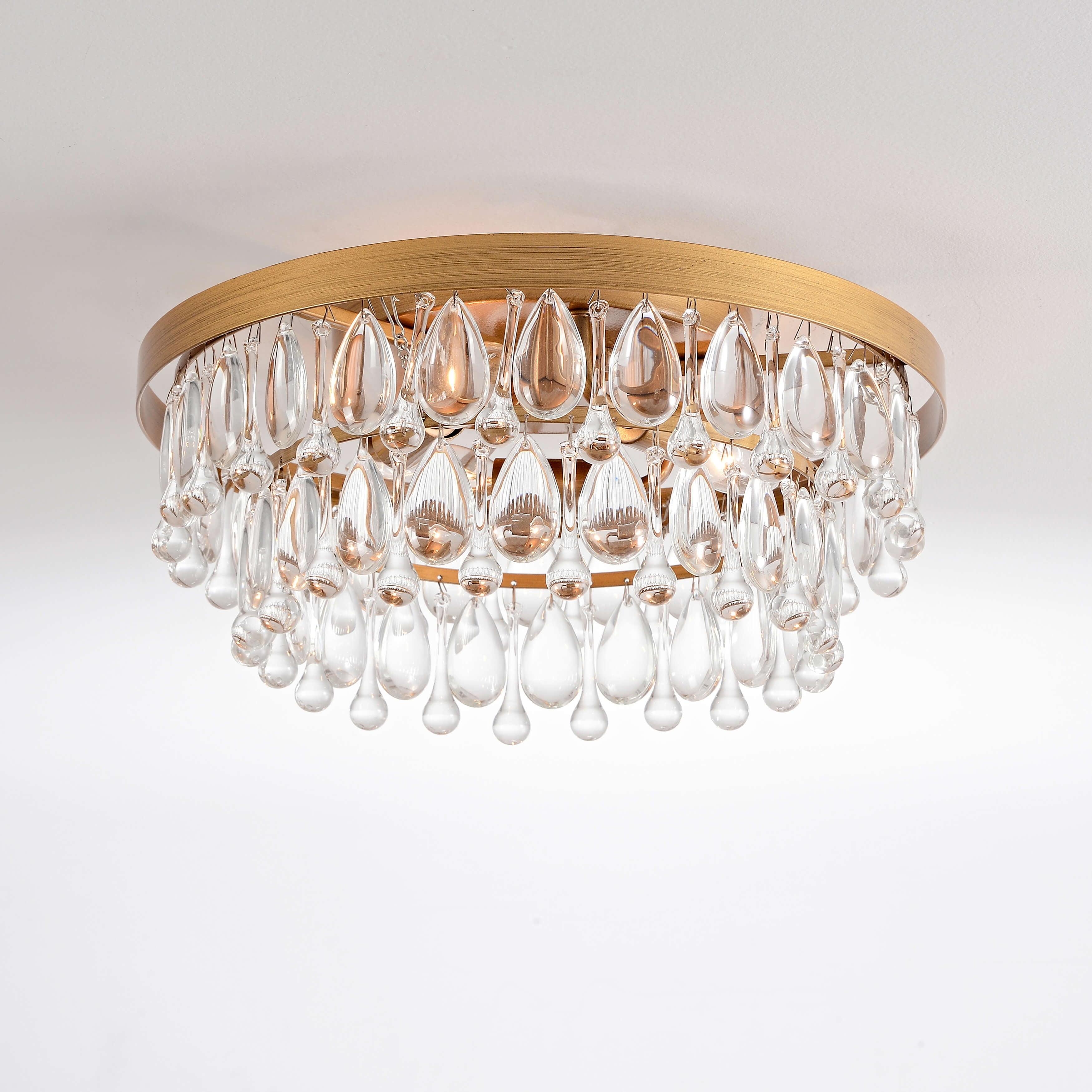 The Lighting Store Viviana Black 3-light Flush Mount with Crystal Glass Teardrops Brushed Brass