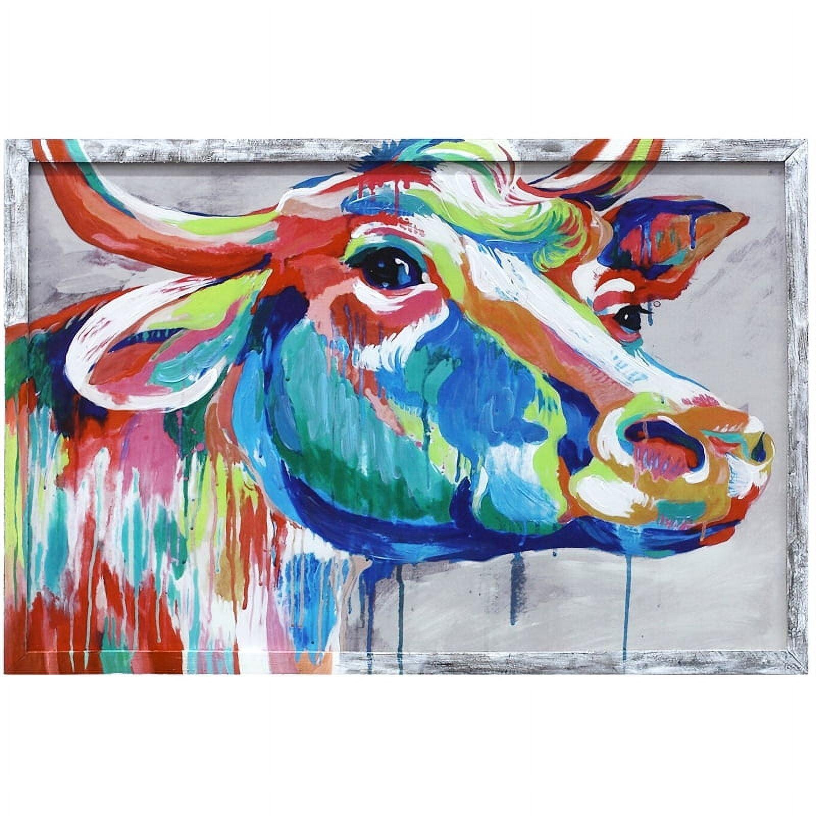 Colorful Bull Print on Canvas with Distressed Wood Frame