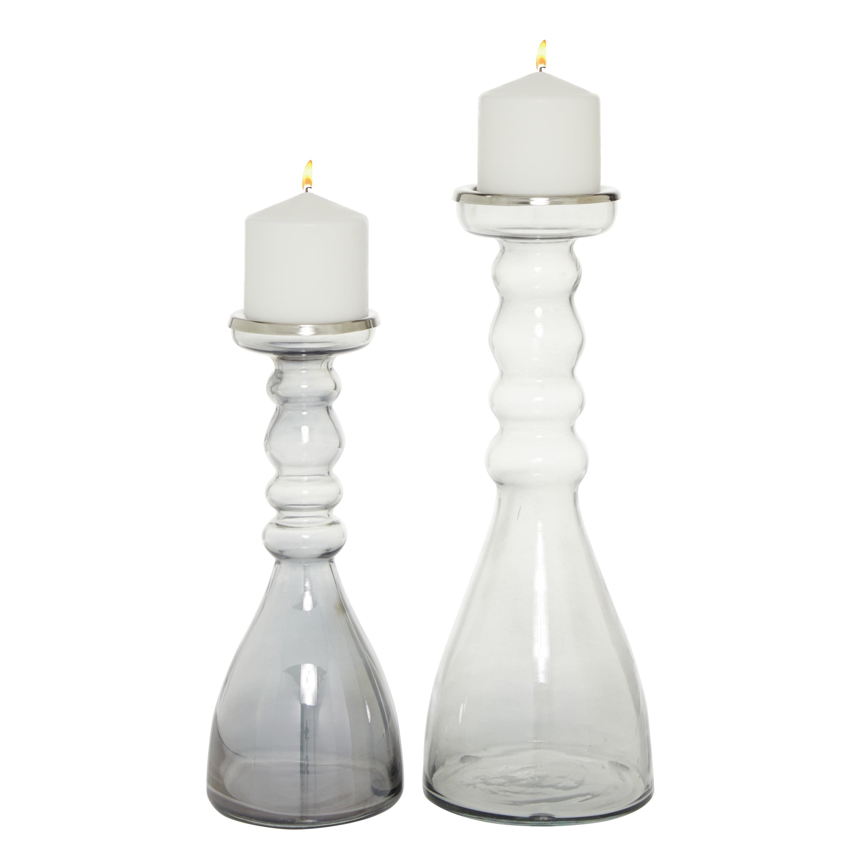 Elegant Gray Glass & Wood Hurricane Candle Holder Set, 14"H