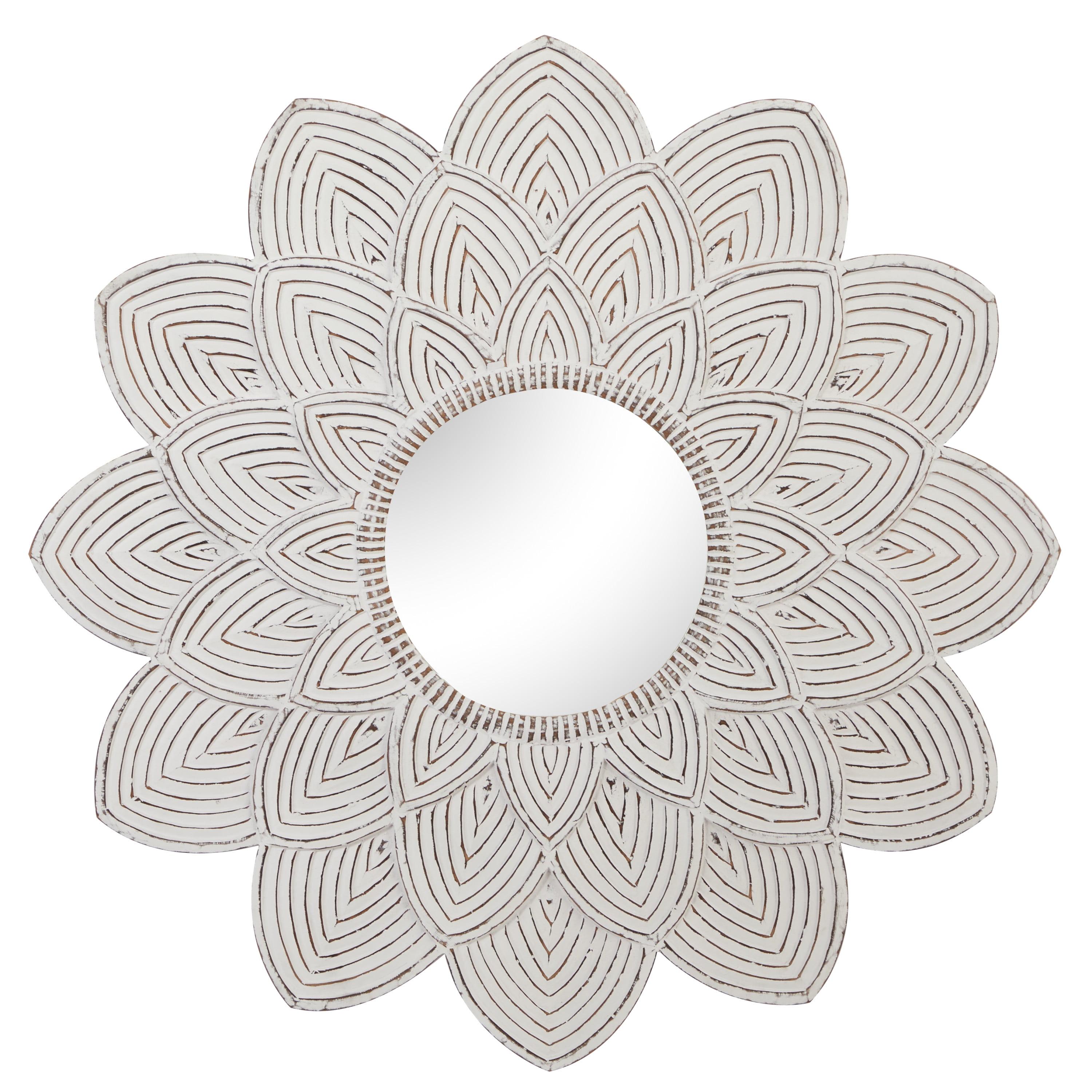 White Carved Floral Round Wood Wall Mirror