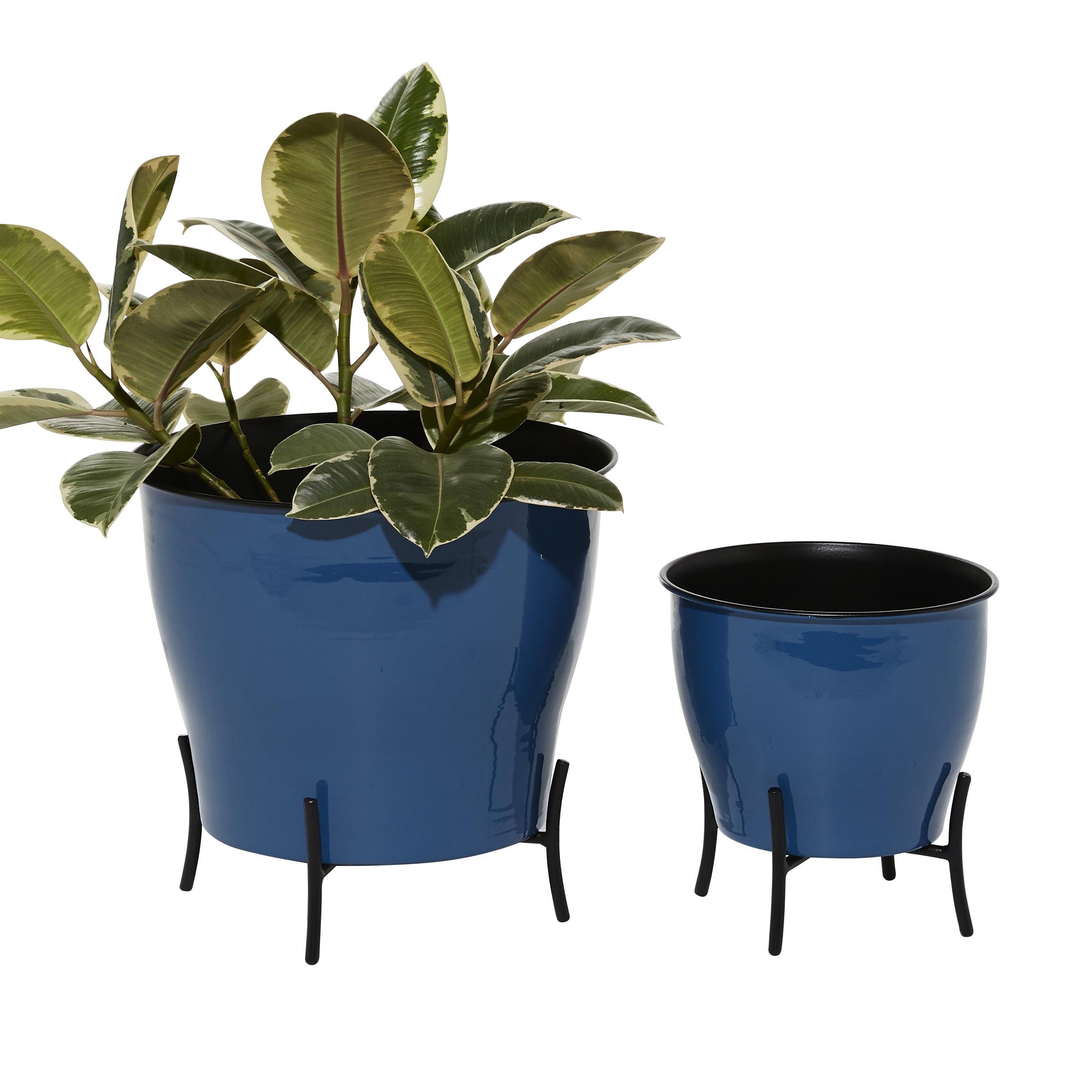 Blue Solid Round Metal Planter Set, 9" and 12"H with Gold X-Stands