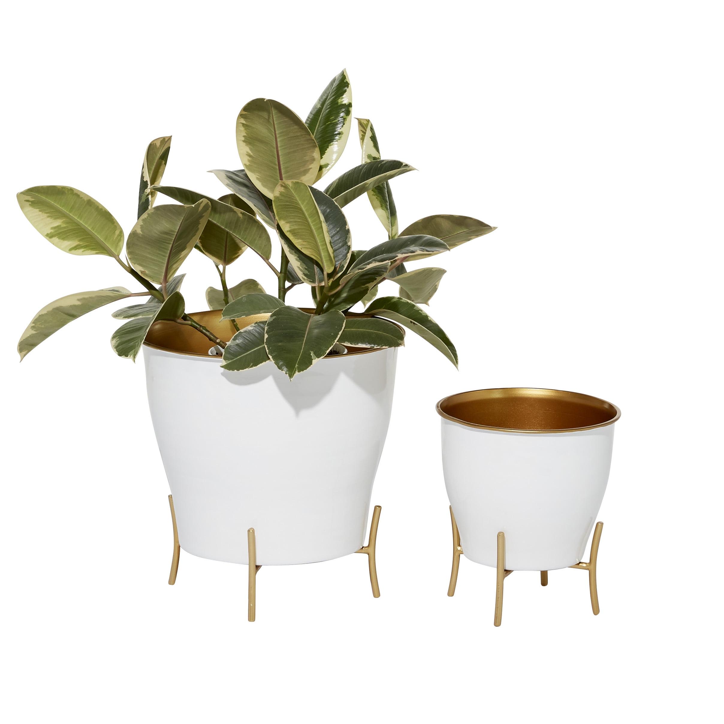 Farmhouse Chic White & Gold Metal Planters with X-Shaped Stand, Set of 2