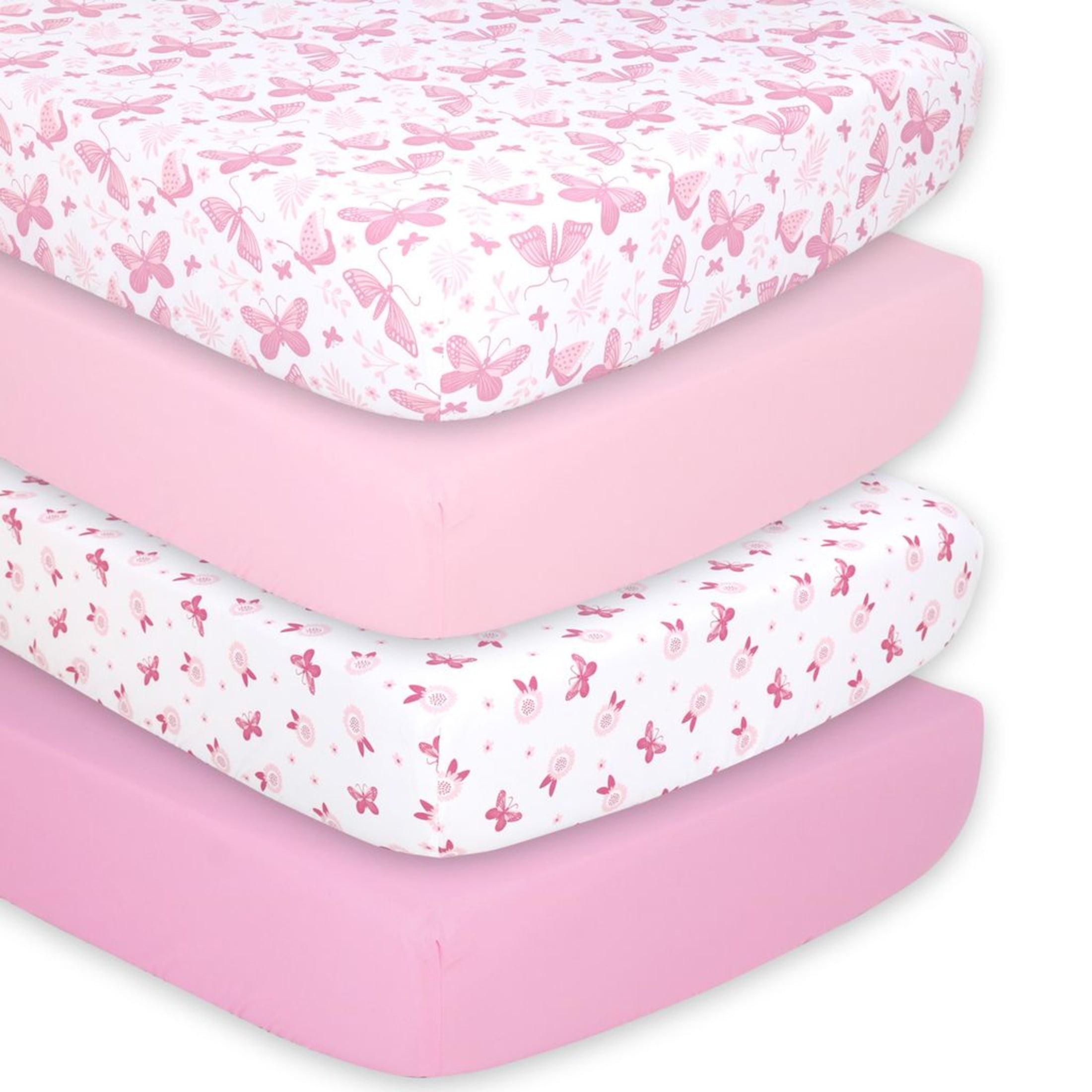 The Peanutshell Pink Butterfly 4-Pack Crib Fitted Sheet Set in Pink/White