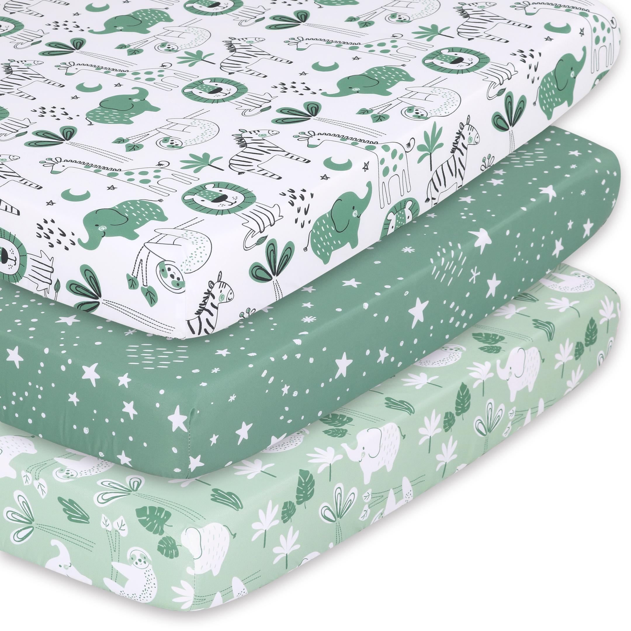 The Peanutshell Mini Crib Sheet Set - 3 Pack - Multiuse for Pack & Play, Playard, Playpen, Mini Crib - Green Safari Animals