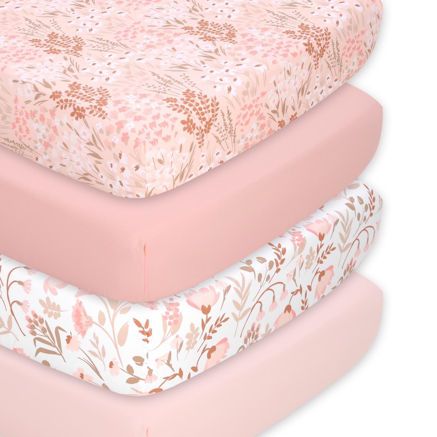 The Peanutshell Pink Whimsical Floral Microfiber Crib Sheets for Baby Girl, 4 Pack Set