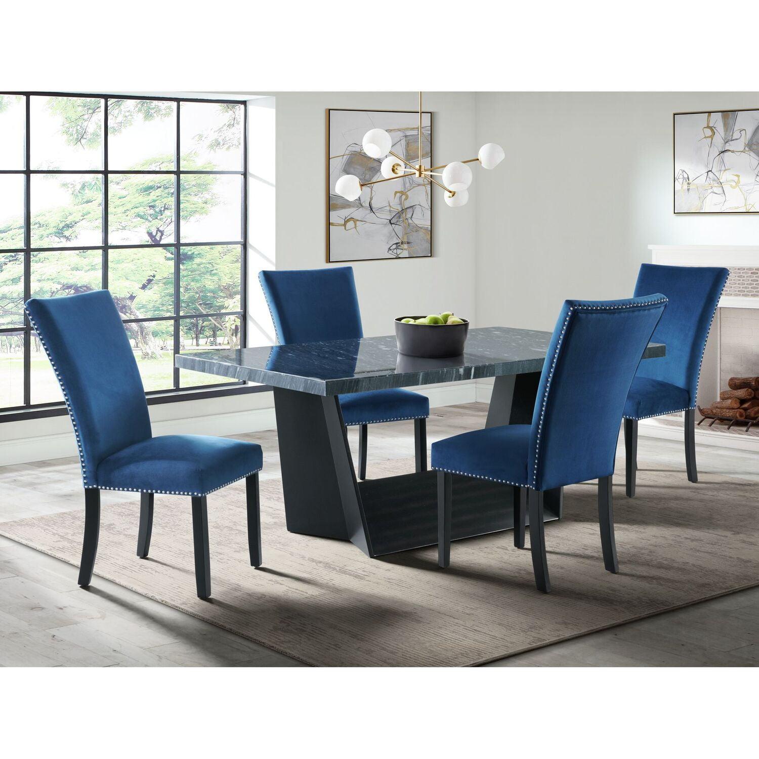 Gray Marble Top Trestle Dining Set with Blue Upholstered Chairs