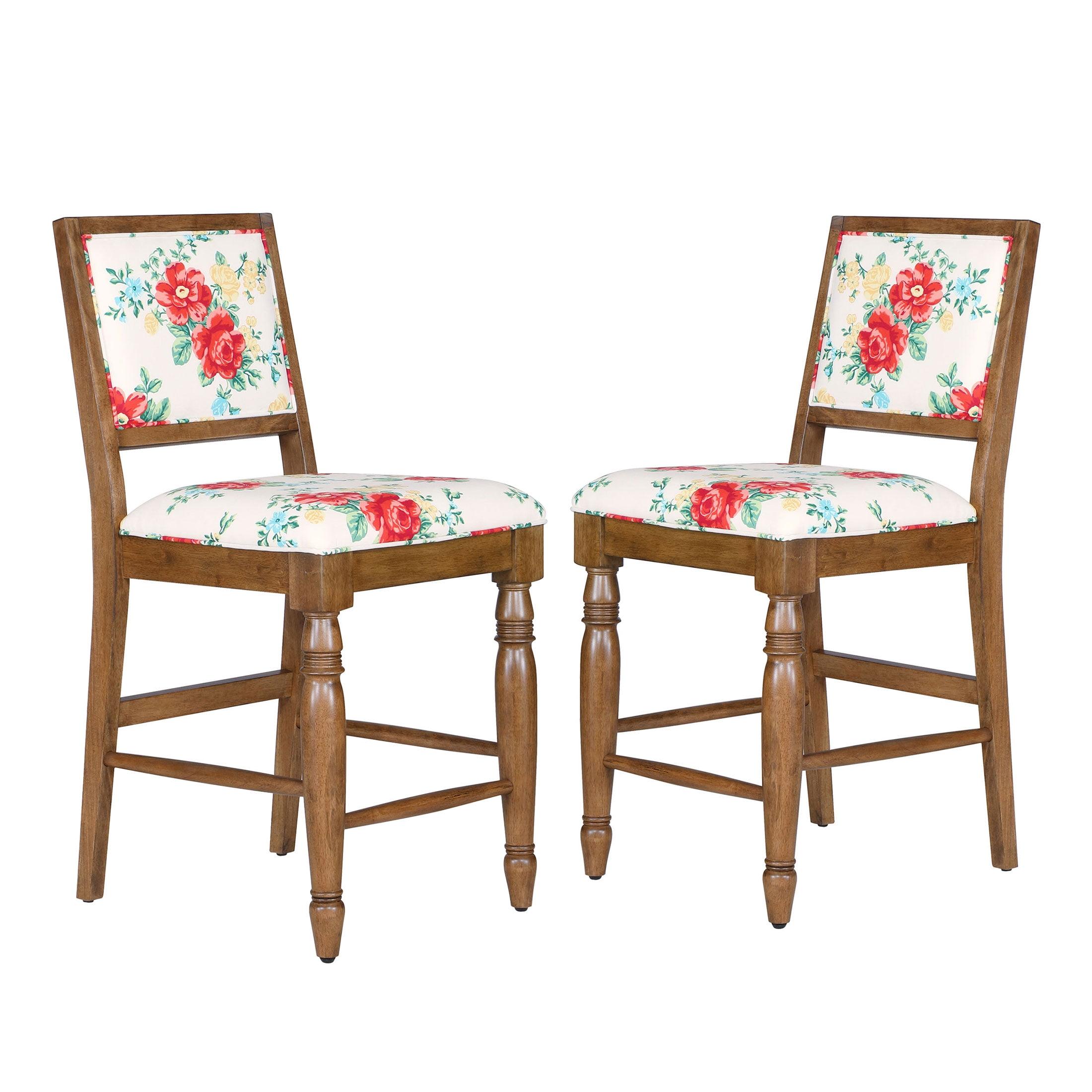 The Pioneer Woman Callie Vintage Round Floral Design Back Seat Bar Stool, Brown (Set of 2)