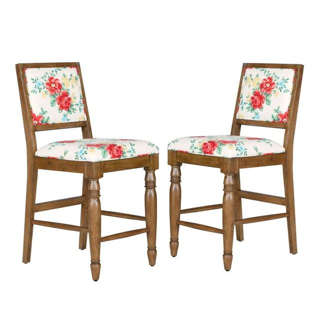 The Pioneer Woman Callie Vintage Round Floral Design Back Seat Bar Stool, Brown (Set of 2)
