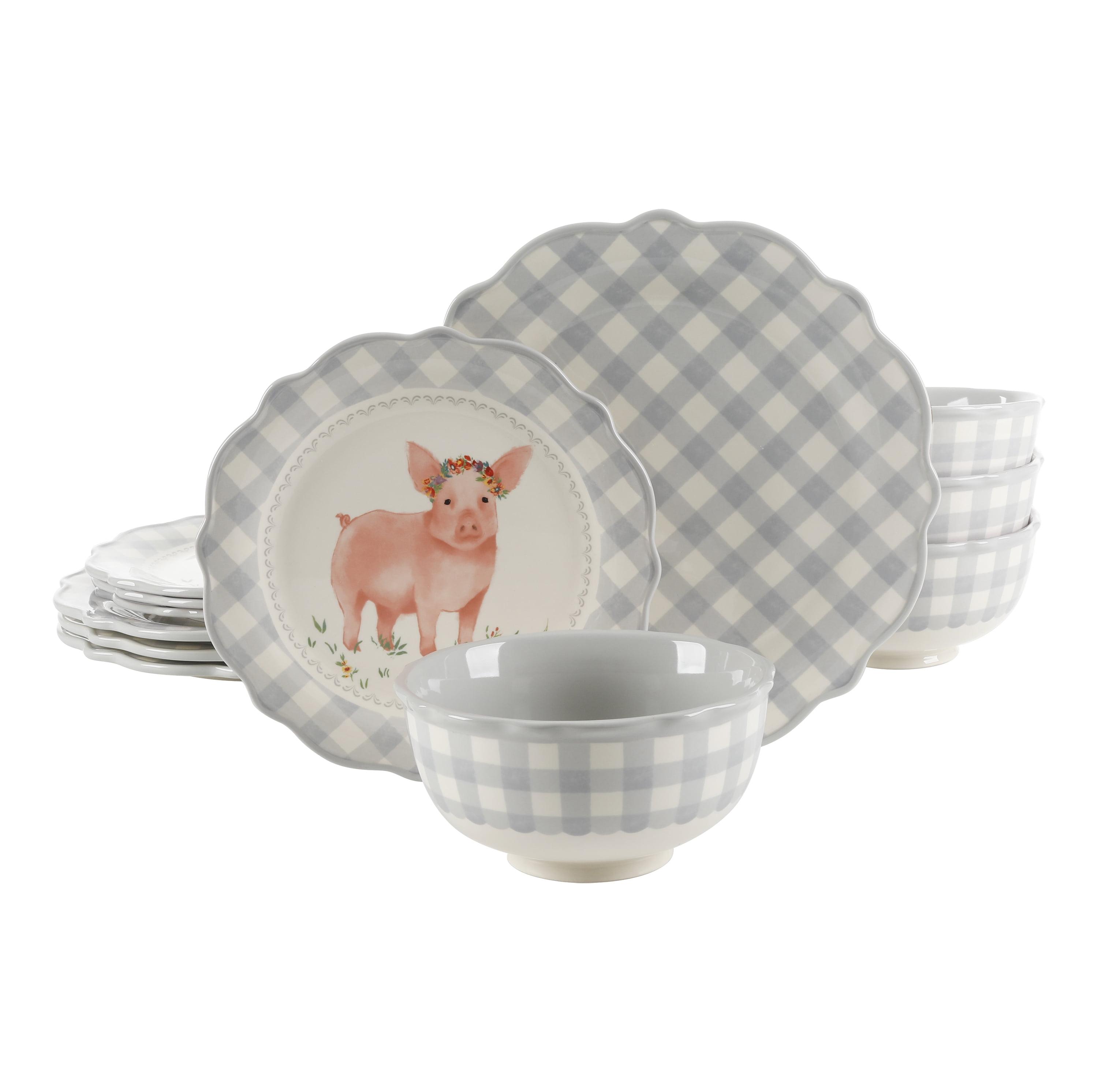 Gray Gingham Ceramic 12-Piece Dinnerware Set with Pig Design