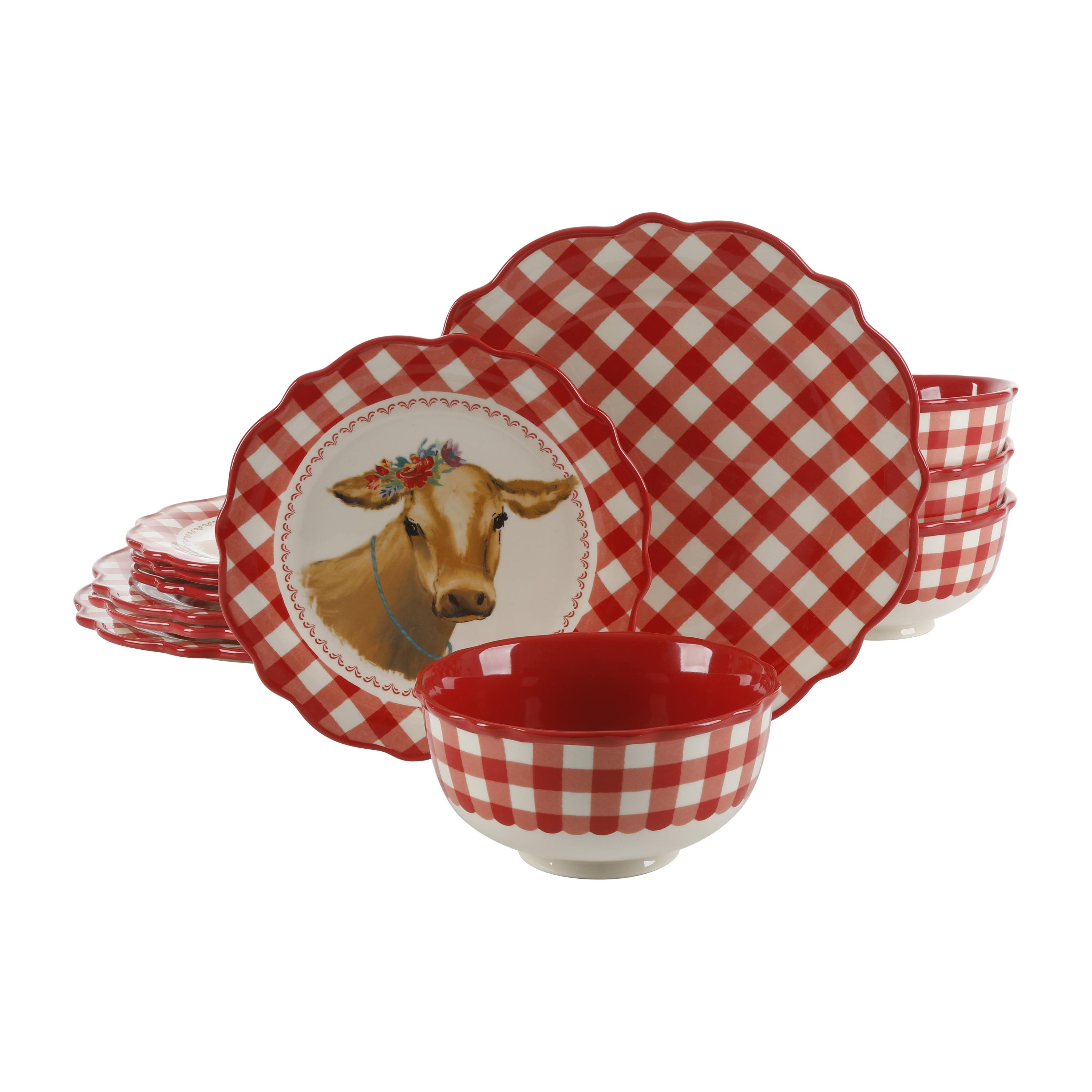 Red Gingham Ceramic 12-Piece Dinnerware Set with Scalloped Edges