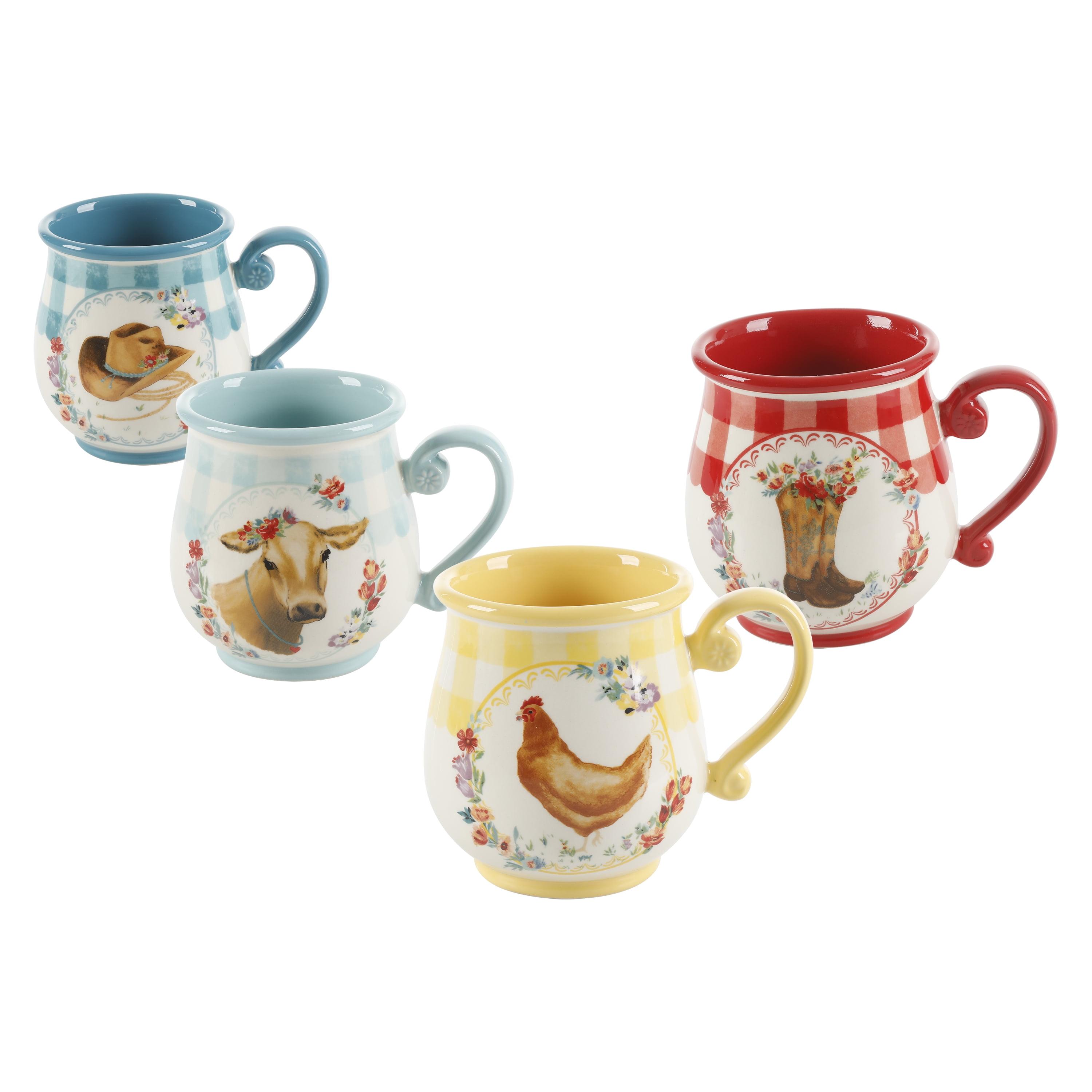 Gingham Multi-Color Ceramic 16-oz Country Chic Mugs, Set of 4