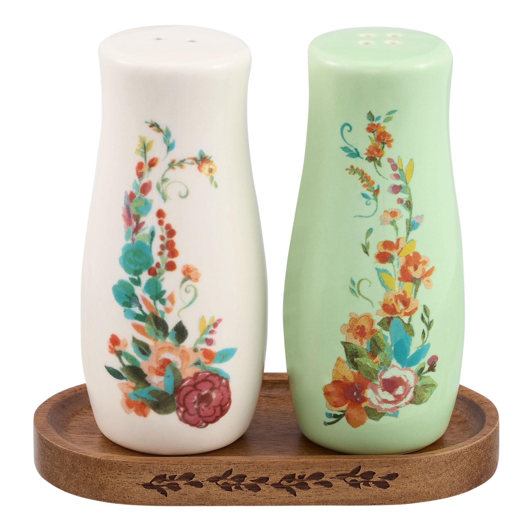 The Pioneer Woman Painted Meadow 3 Pieces Salt & Pepper Shakers with Acacia Wood Tray Set