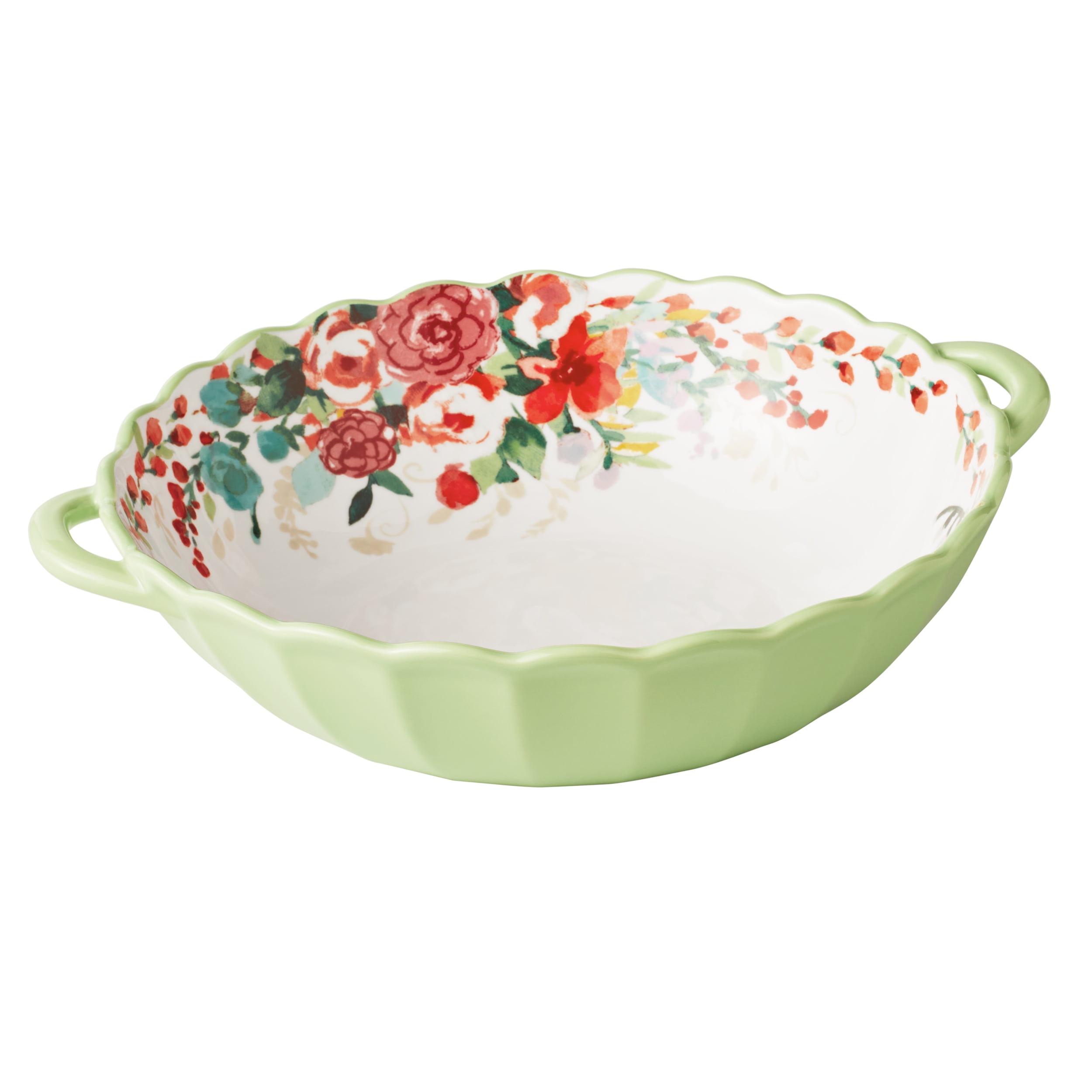 Green Floral Ceramic Serving Bowl with Handles