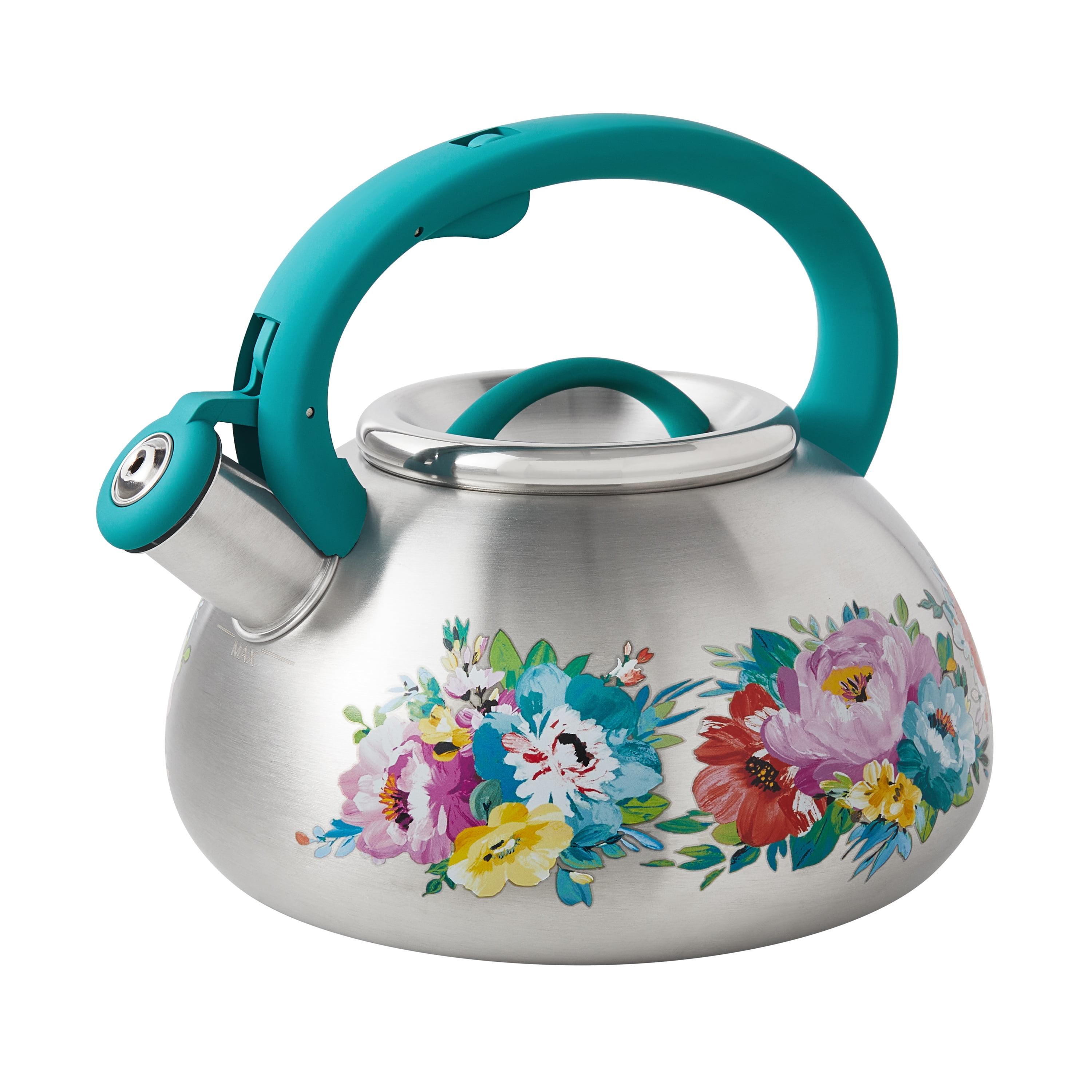 Floral Stainless Steel Whistling Tea Kettle with Teal Handle