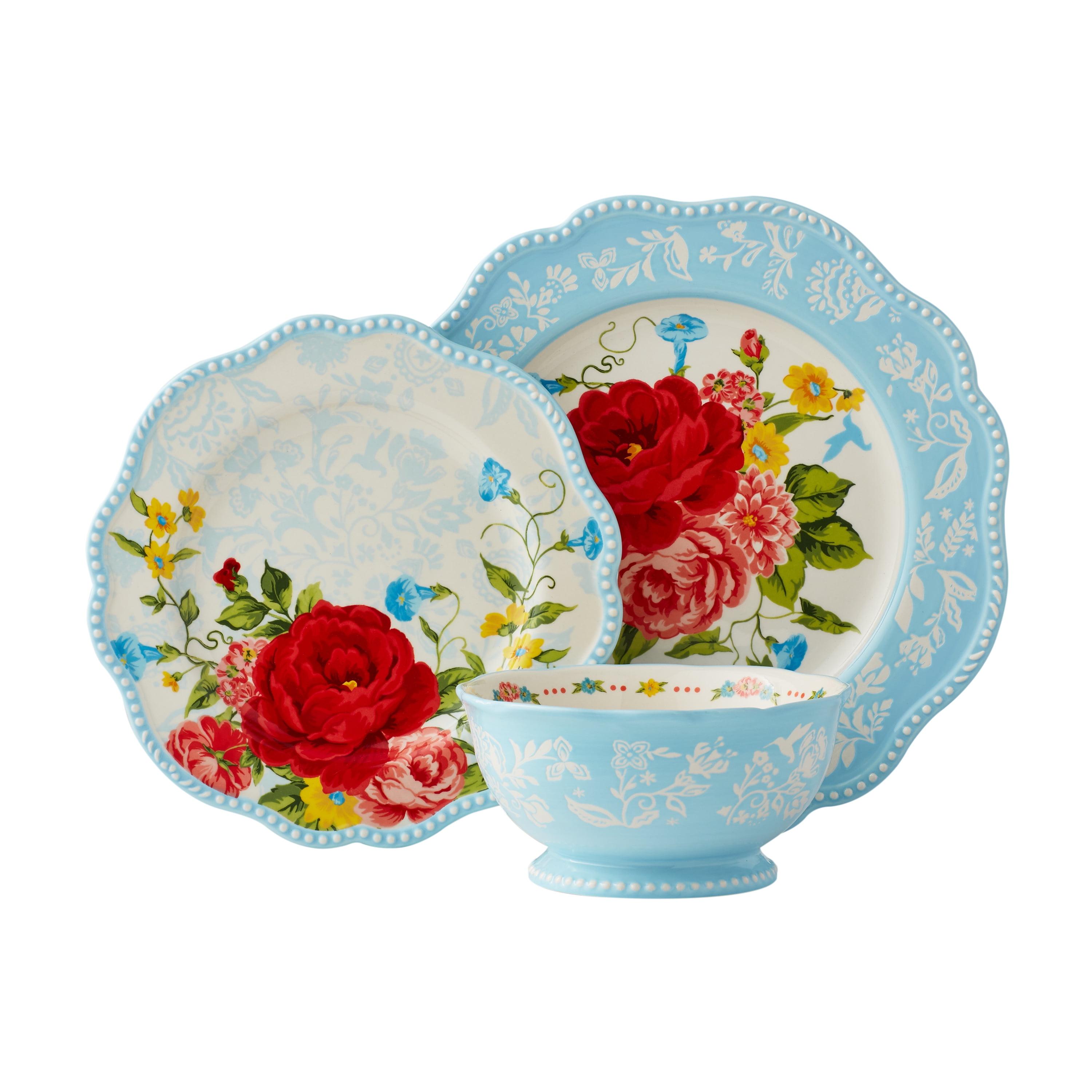 Sweet Rose Light Blue Floral Ceramic 12-Piece Dinnerware Set