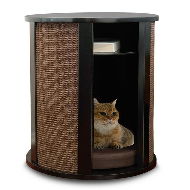 The Refined Feline Purrrrfect End Table Cat Bed - Wood Cat Furniture Nightstand, Replaceable Scratch Pad & Cushion