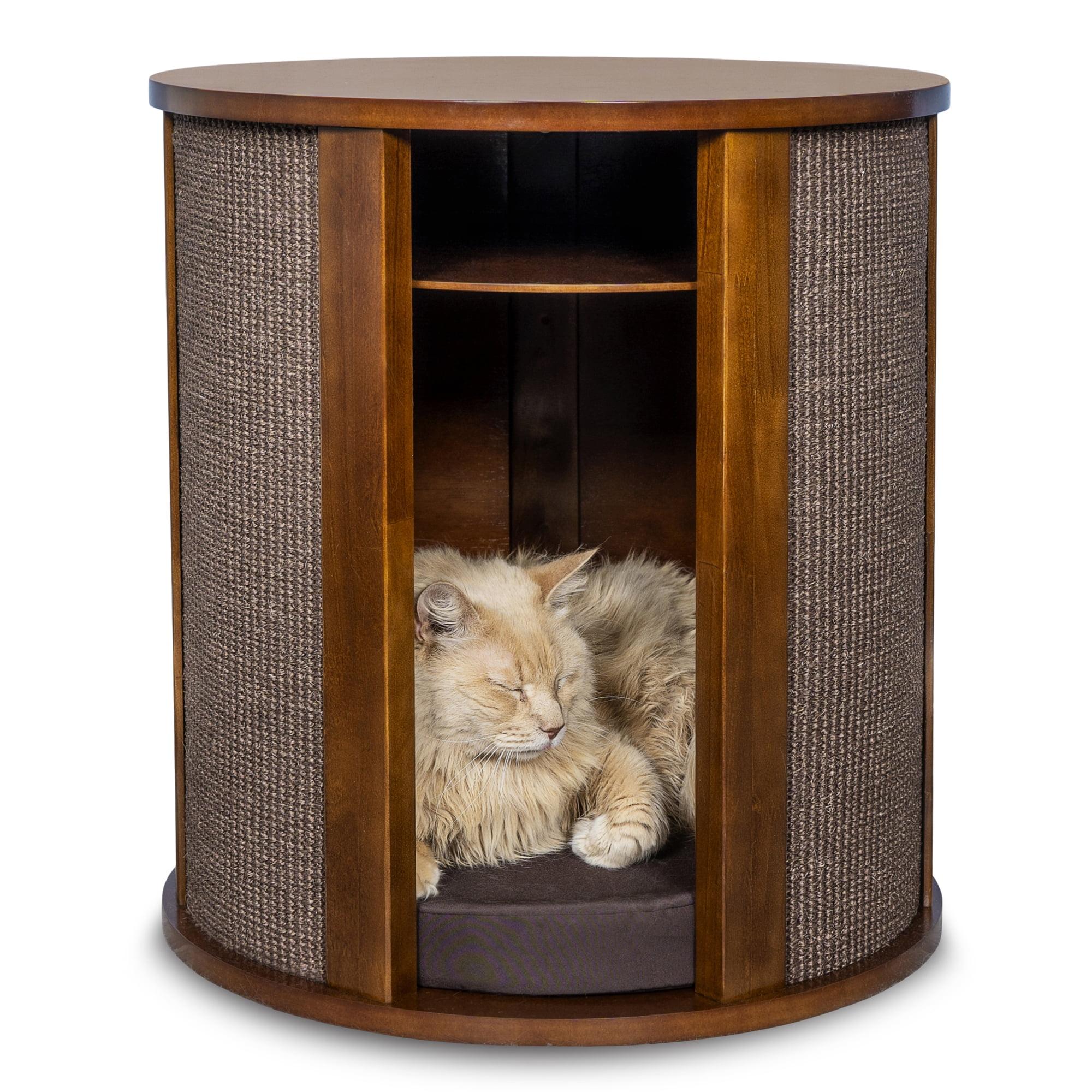 Mahogany Round Cat Bed End Table with Sisal Panels