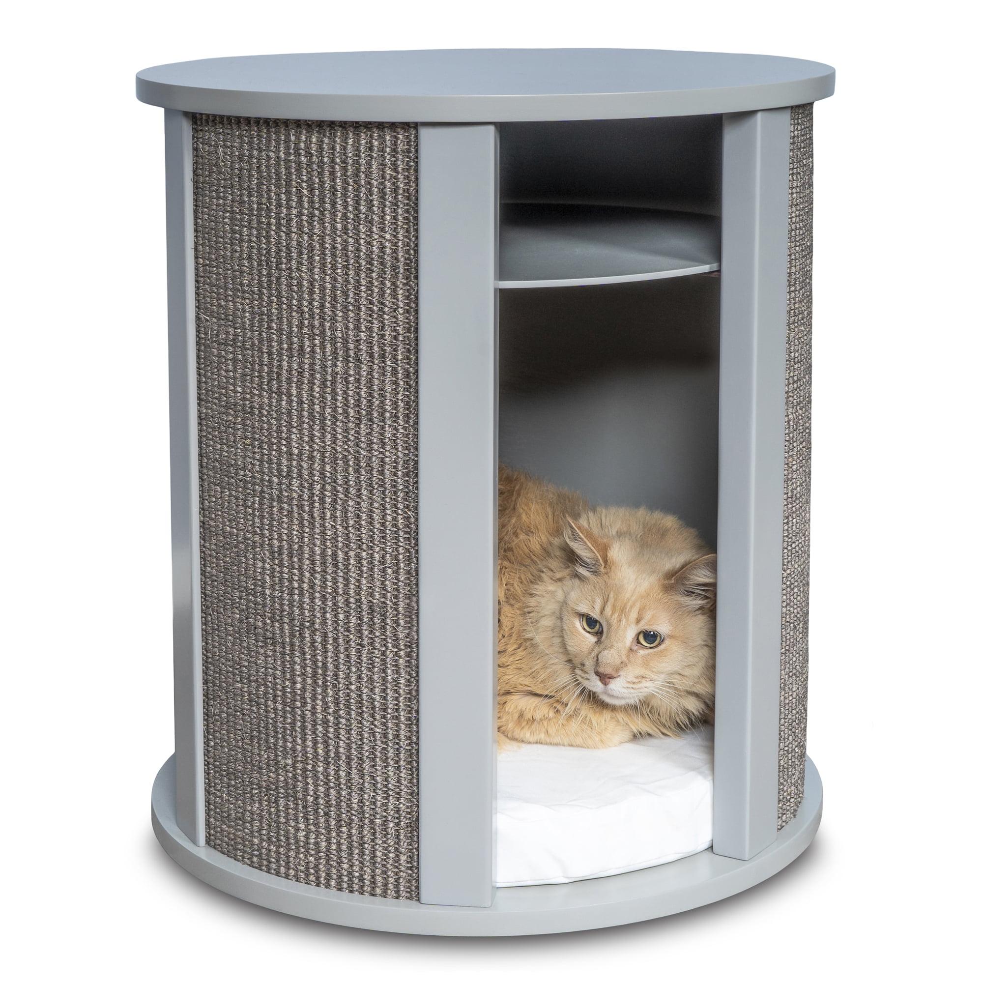 The Refined Feline Purrrrfect End Table Cat Bed - Wood Cat Furniture Nightstand, Replaceable Scratch Pad & Cushion