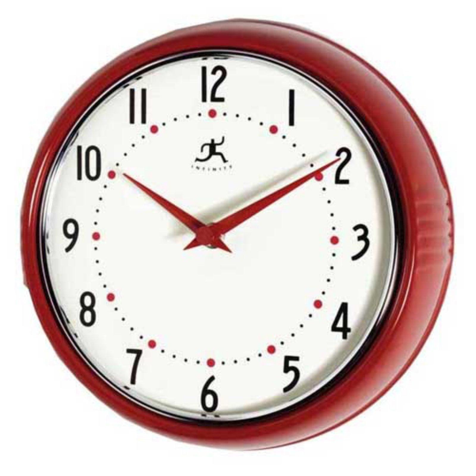 9.5" Retro Metal Wall Clock Red - Infinity Instruments: Indoor Modern Decor, Off-White Face, Round Shape