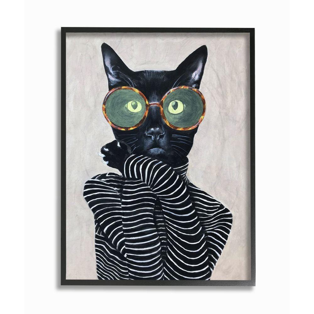 Black Cat with Striped Shirt and Glasses Canvas Print