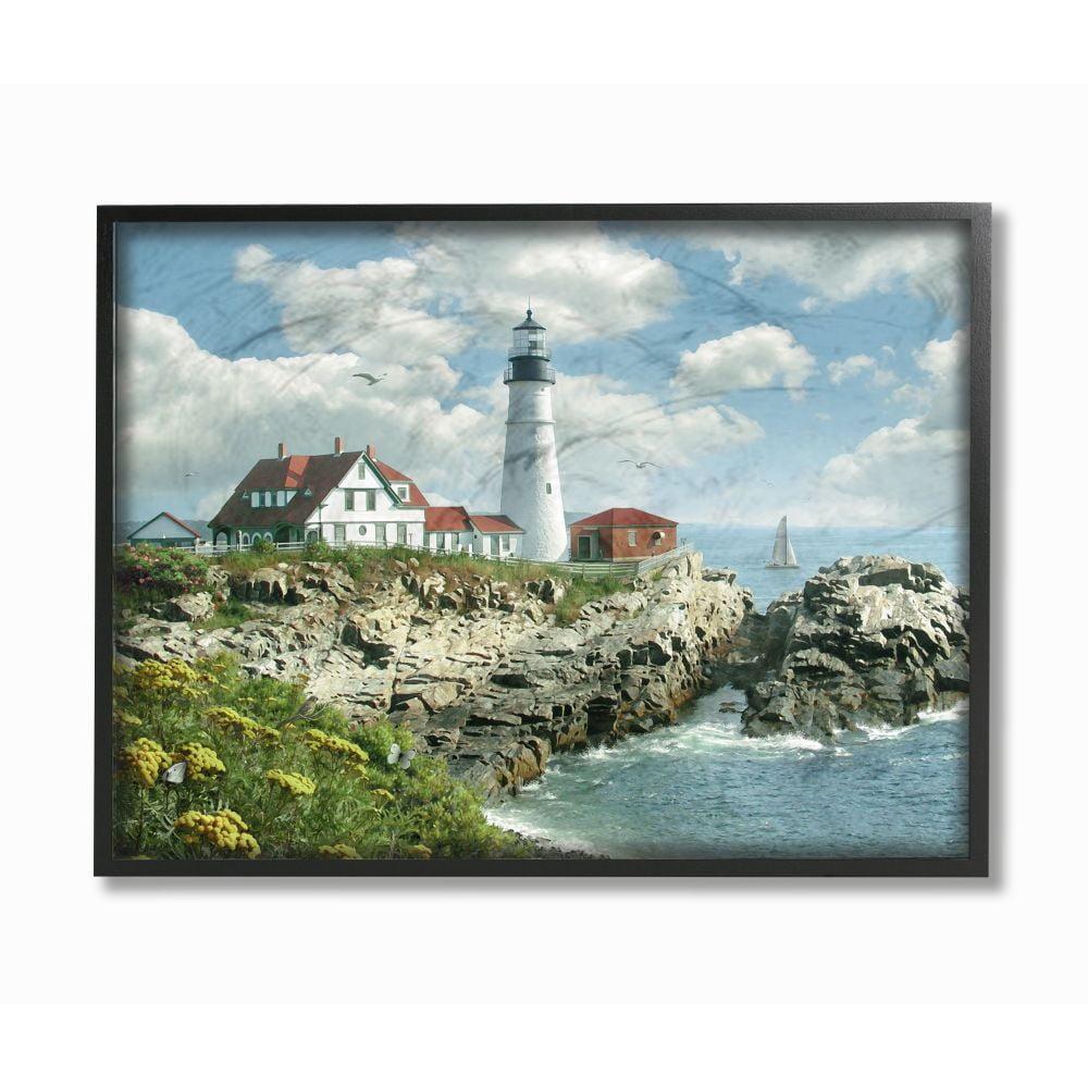 The Stupell Home Decor Collection Portland Head Lighthouse Scene Grassy Ocean Side Peninsula with Sail Boat Framed Giclee Texturized Art