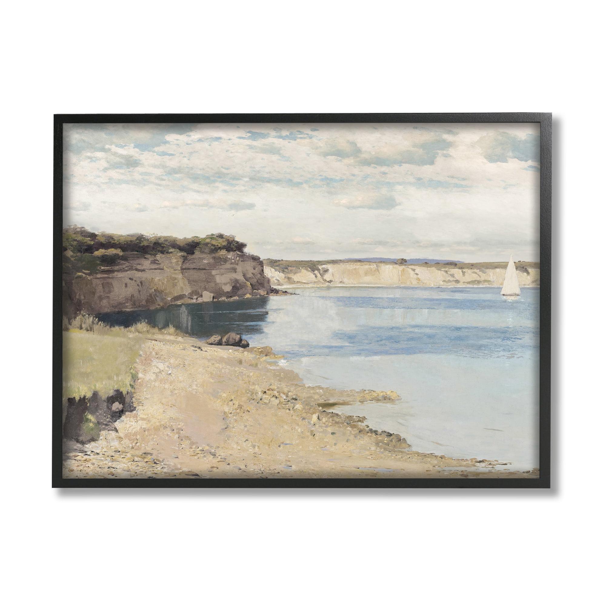 Stupell Industries Still Morning Oceanside Cliffs and a Sailboat Painting Black Framed Giclee, 16 x 20