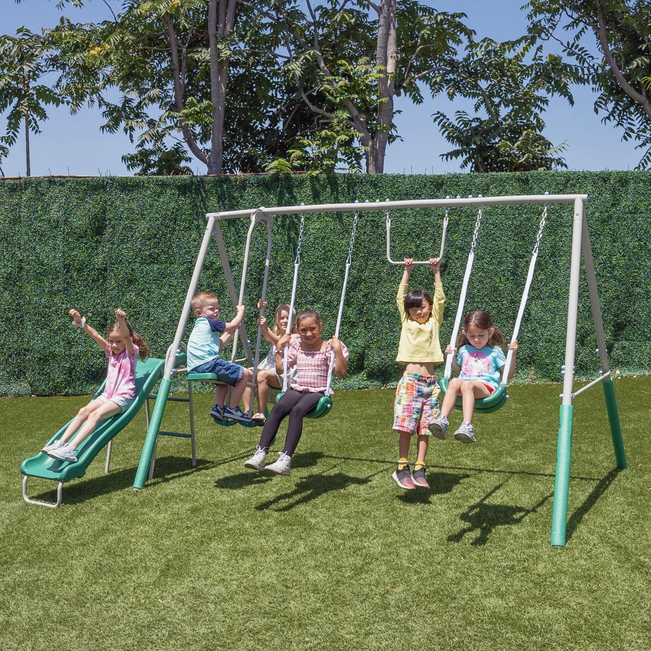 The Swing Company Yonkers Metal Swing Set with Glide Ride Trapeze Bar and 5' Slide