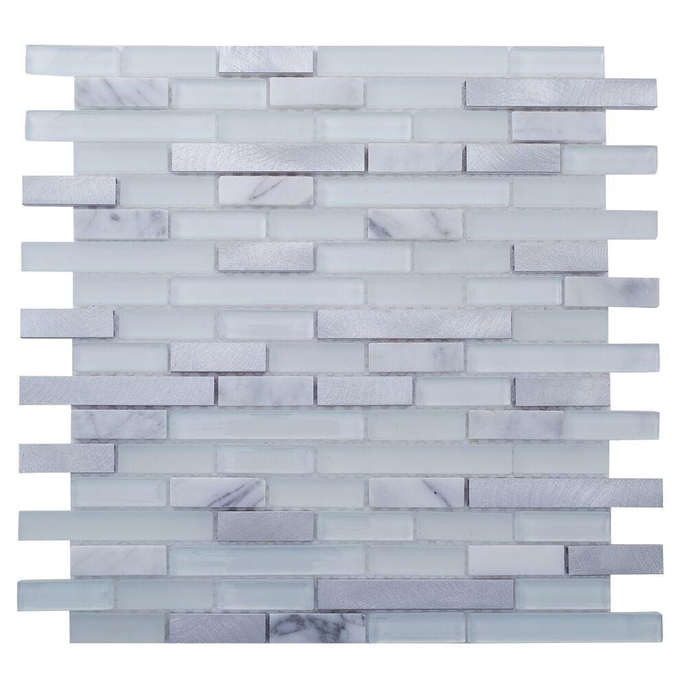 The Tile Life Victory Mixed Brick 12x12 Carrara/ Steel Glass Backsplash Wall - 4x4 Sample