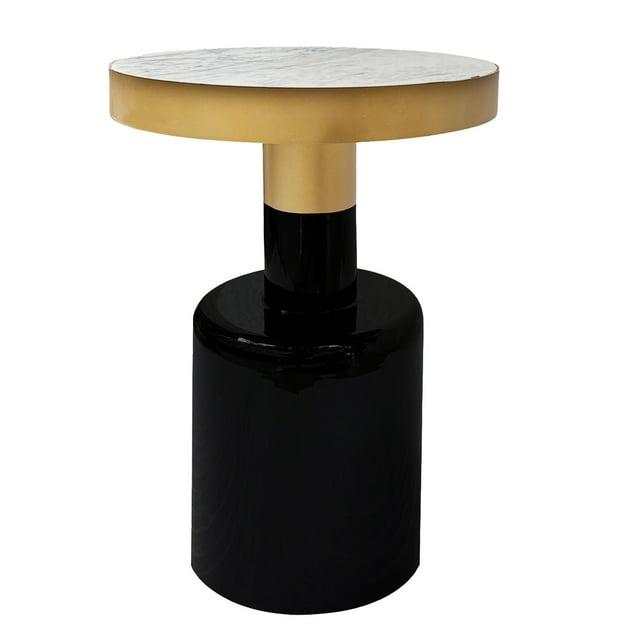 The Urban Port 20" Round Side End Table Gold Banded Natural White Marble Top Black Enamel Coated Iron Pedestal Base White/Gold