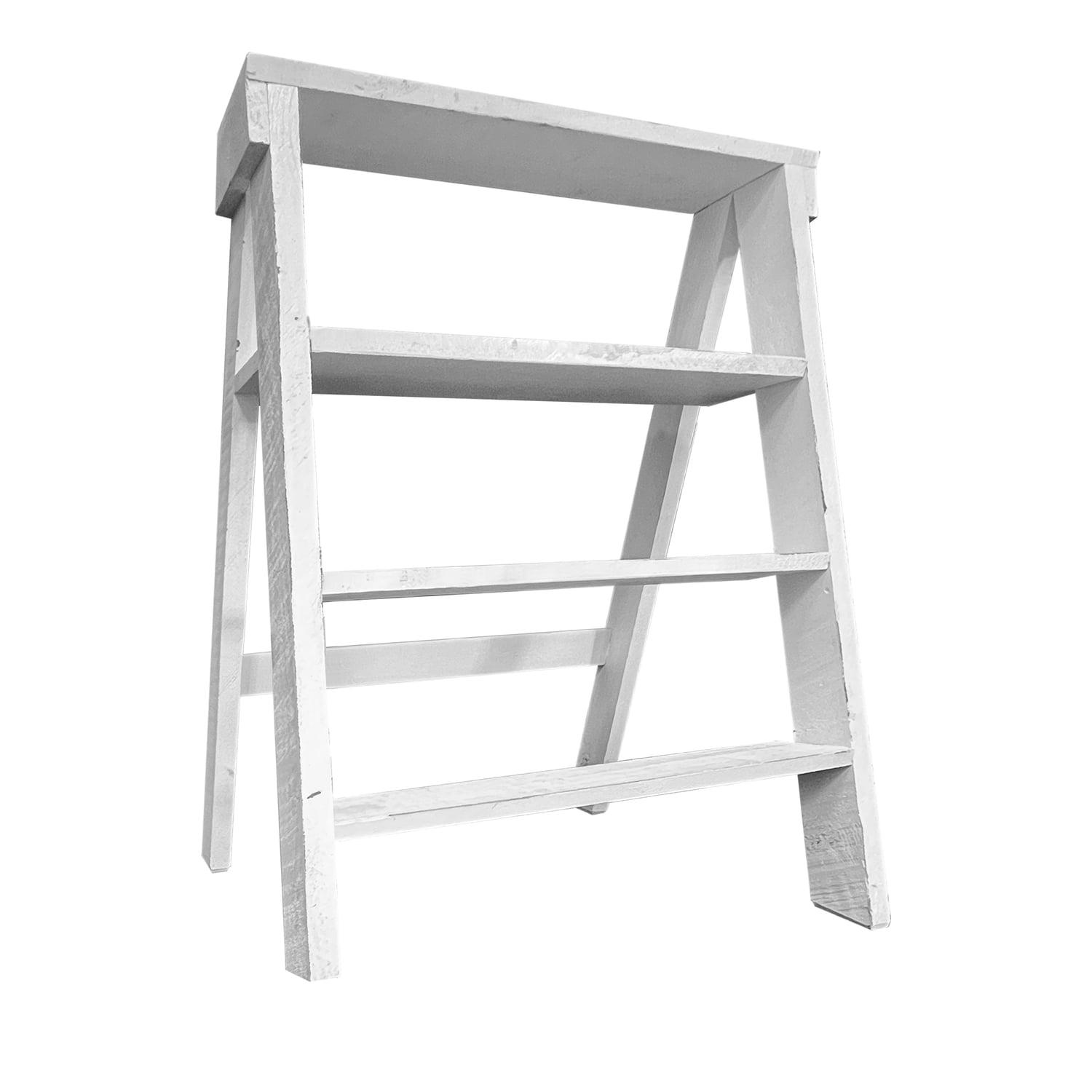 The Urban Port 27 Inch Wooden Ladder Bookshelf, 4 Tier Open Shelving, Weathered White