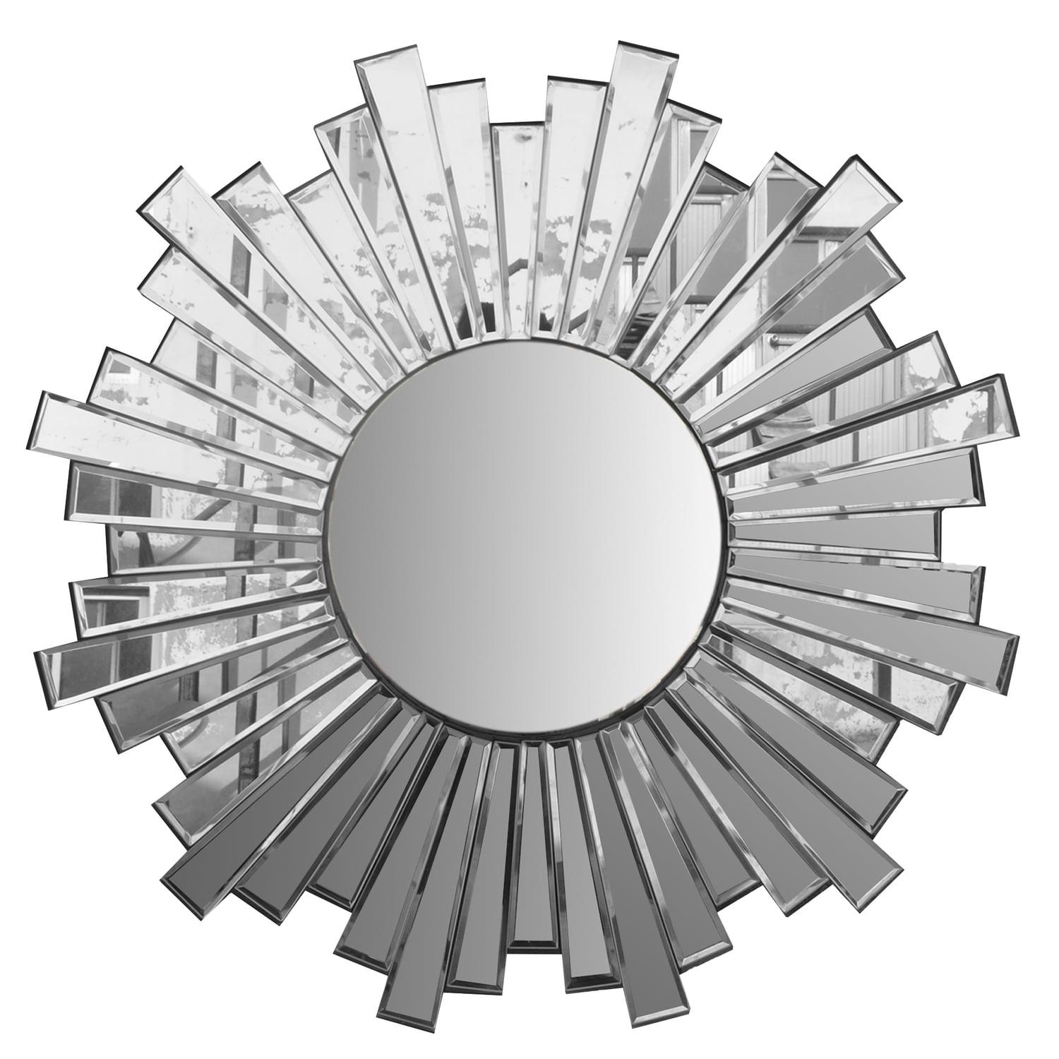 28 Inch Round Floating Wall Mirror with Sunburst Design Frame, Silver - Saltoro Sherpi