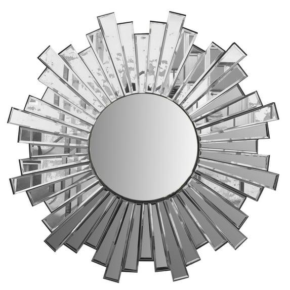 28 Inch Round Floating Wall Mirror with Sunburst Design Frame, Silver - Saltoro Sherpi