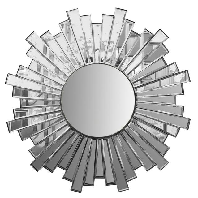28 Inch Round Floating Wall Mirror with Sunburst Design Frame, Silver - Saltoro Sherpi