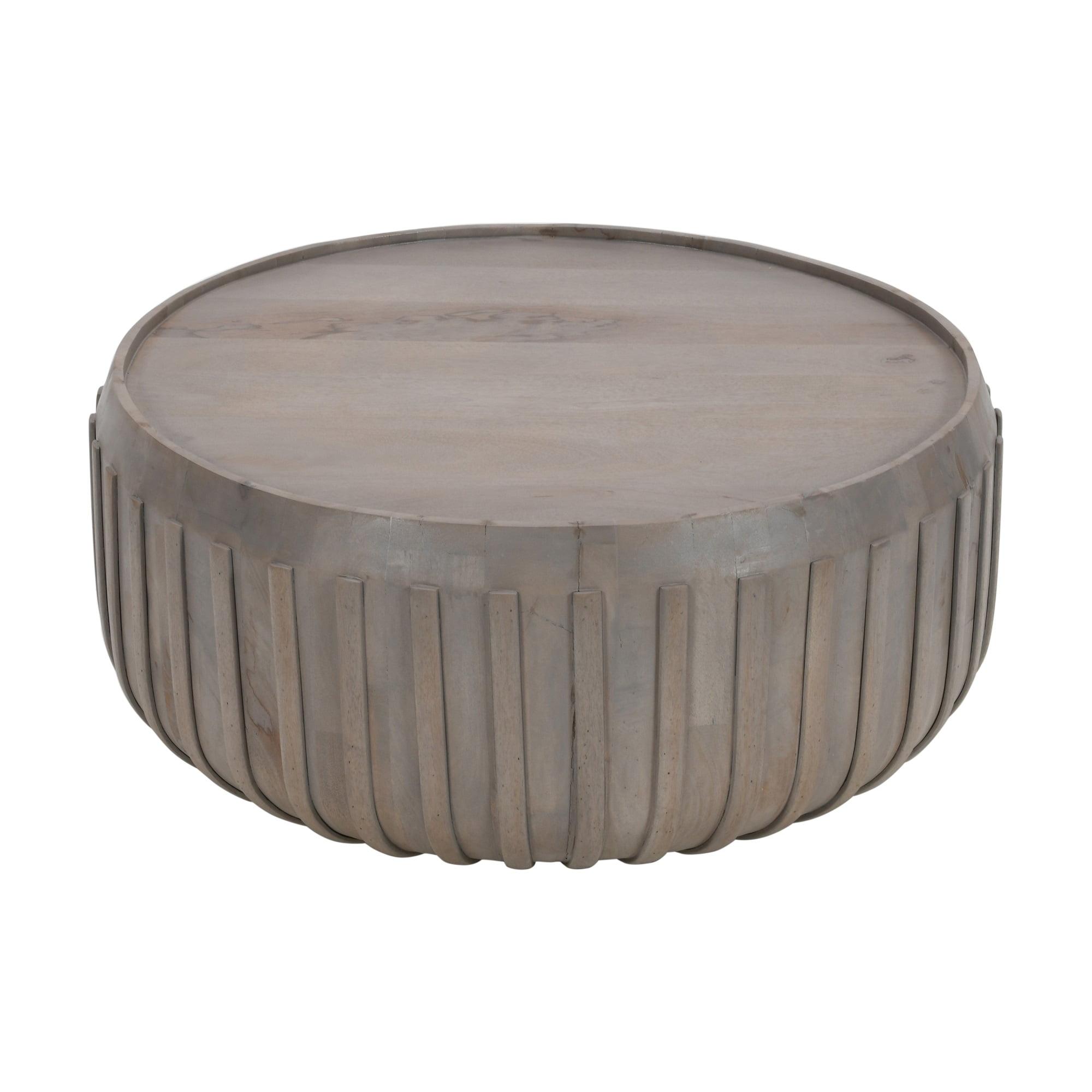 The Urban Port 36" Coffee Table Handcrafted Drum Shape with Ribbed Edges Gray Mango Wood Gray