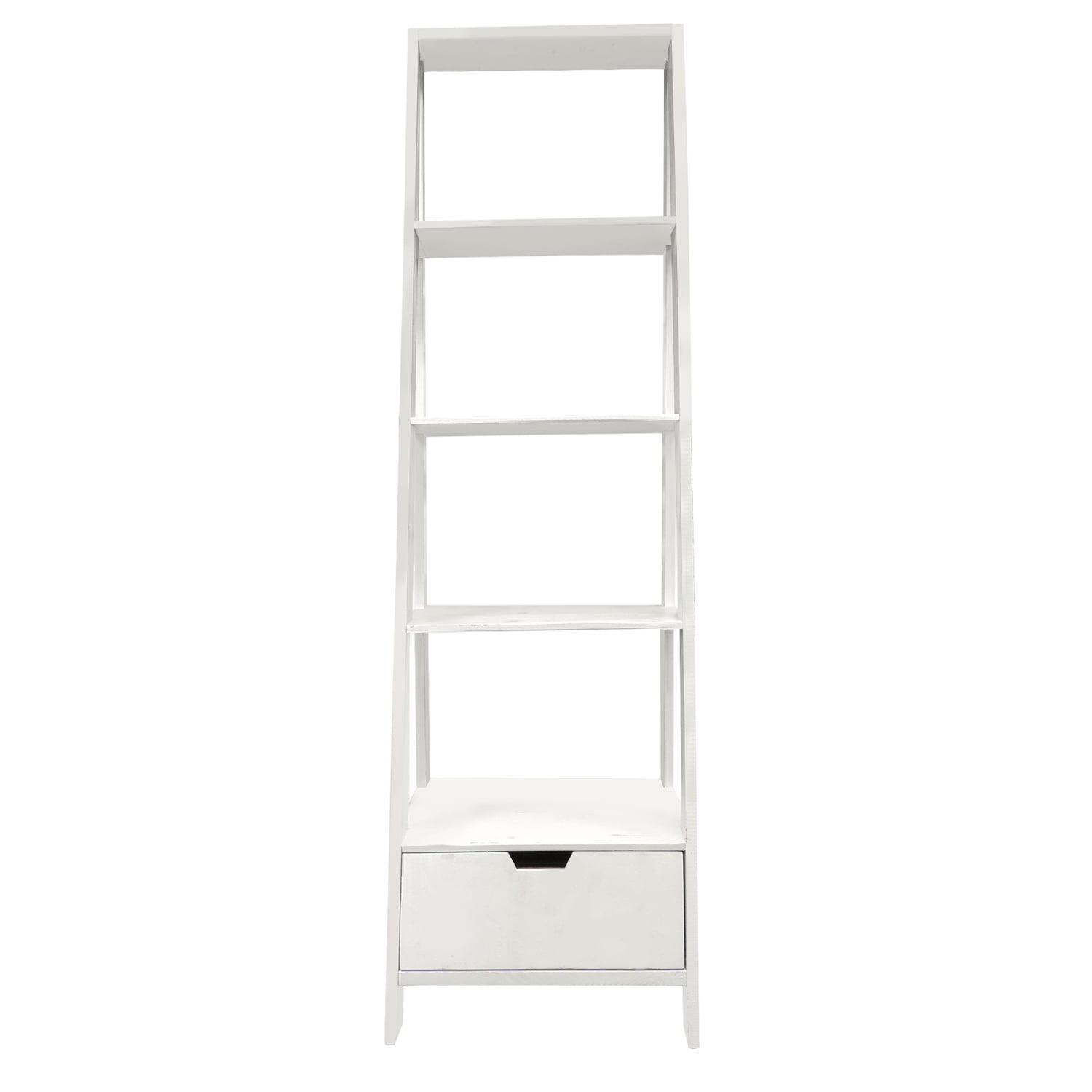 Farmhouse Chic 5-Tier White Wooden Ladder Bookcase with Drawer