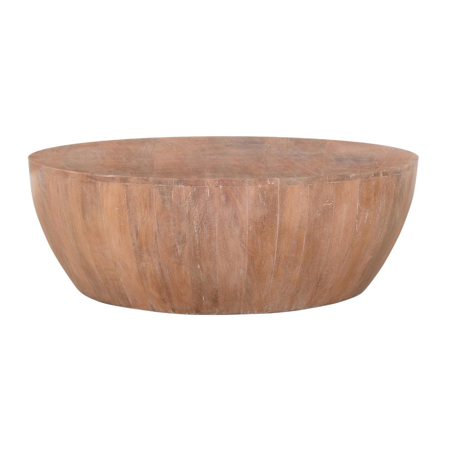 The Urban Port Drum Shape Wooden Coffee Table with Plank Design Base, Distressed Brown
