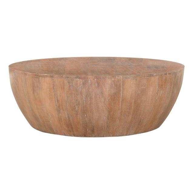 Arthur Drum Shape Wooden Coffee Table with Plank Design Base, Distressed Brown - UPT-32182 Brown
